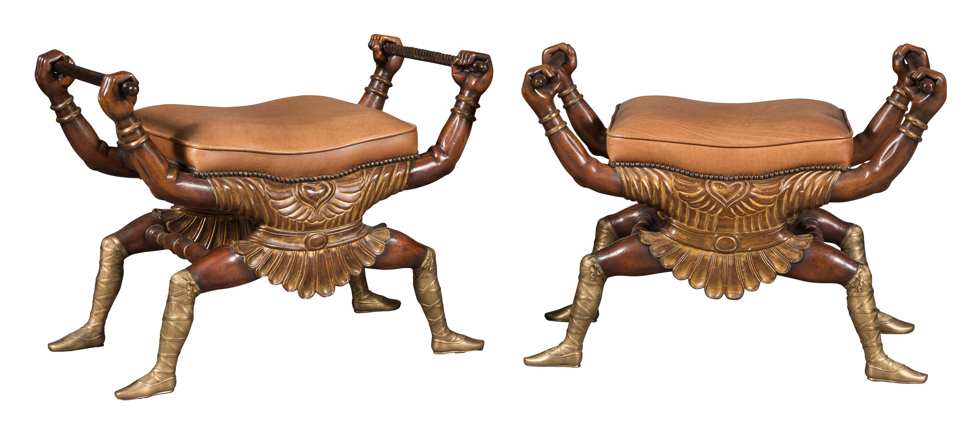 Lot image - Pair of Mahogany and Parcel-Gilt Brass-Mounted and Leather-Upholstered Curule Stools
