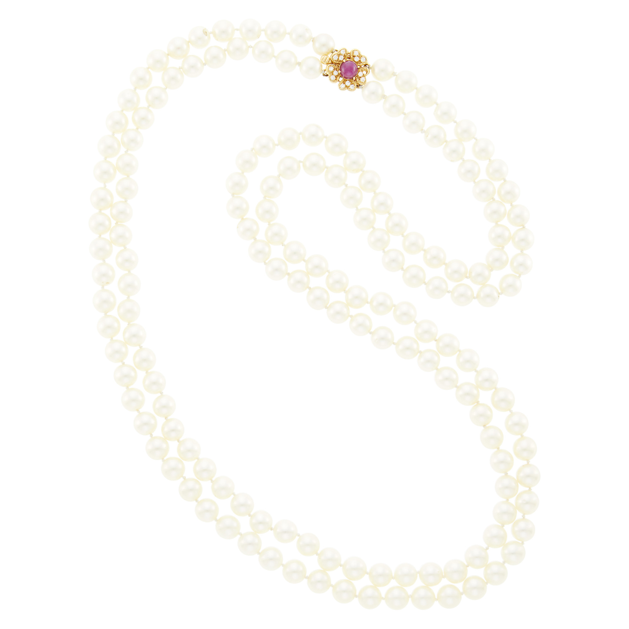 Lot image - Long Double Strand Cultured Pearl Necklace with Gold, Cabochon Ruby and Diamond Clasp