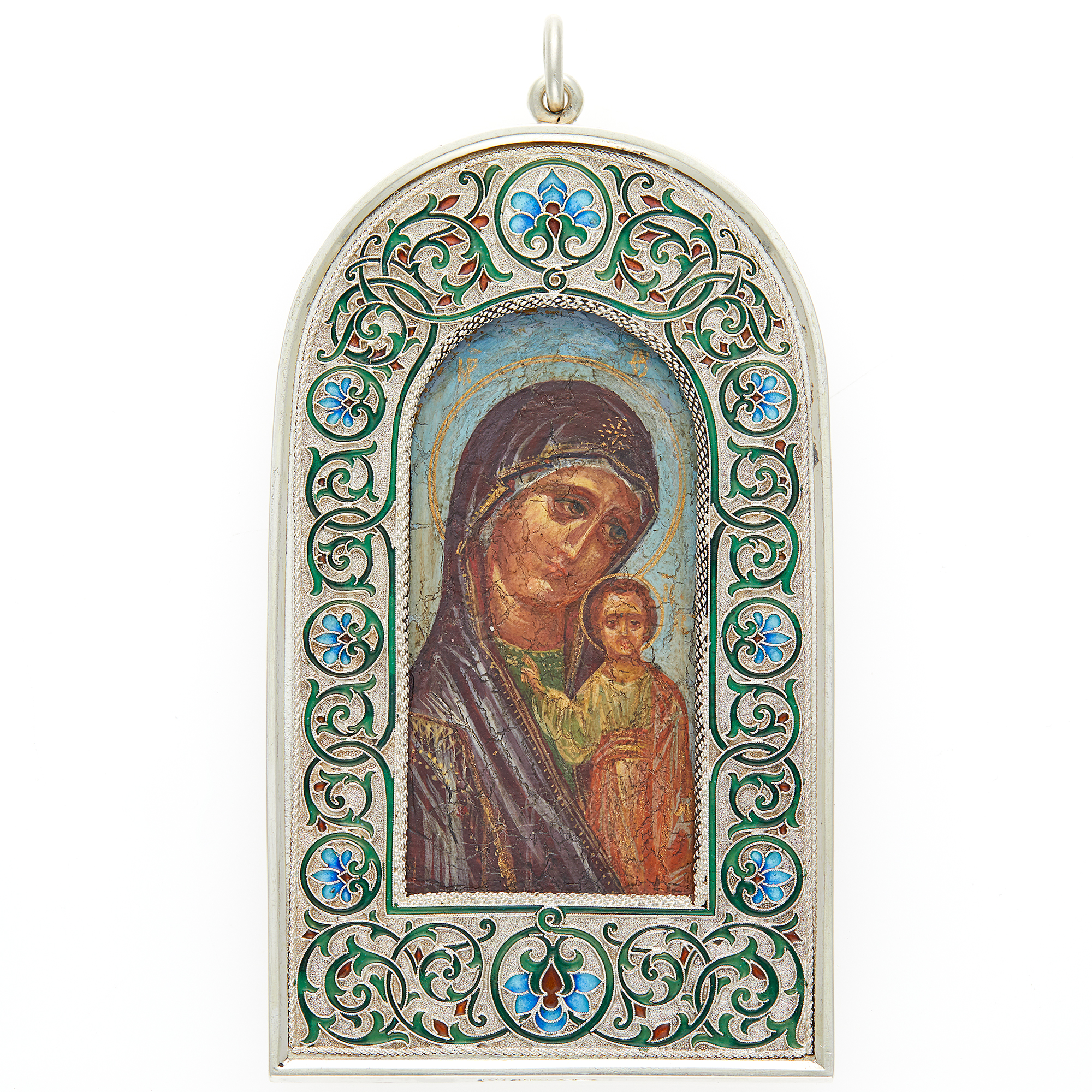 Lot image - Russian Silver and Cloisonné Enamel Icon of the Mother of God of Kazan