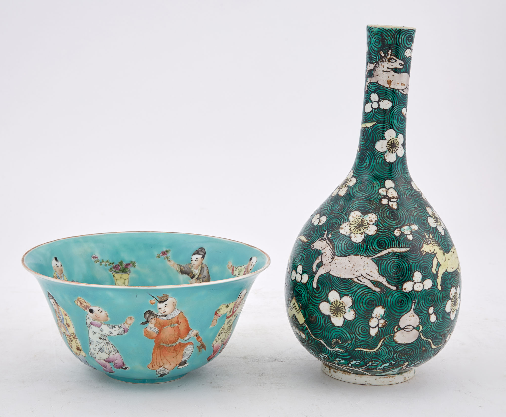 Lot image - Chinese Porcelain Turquoise Ground Bowl; Together with a Chinese Famille Verte Porcelain Vase
