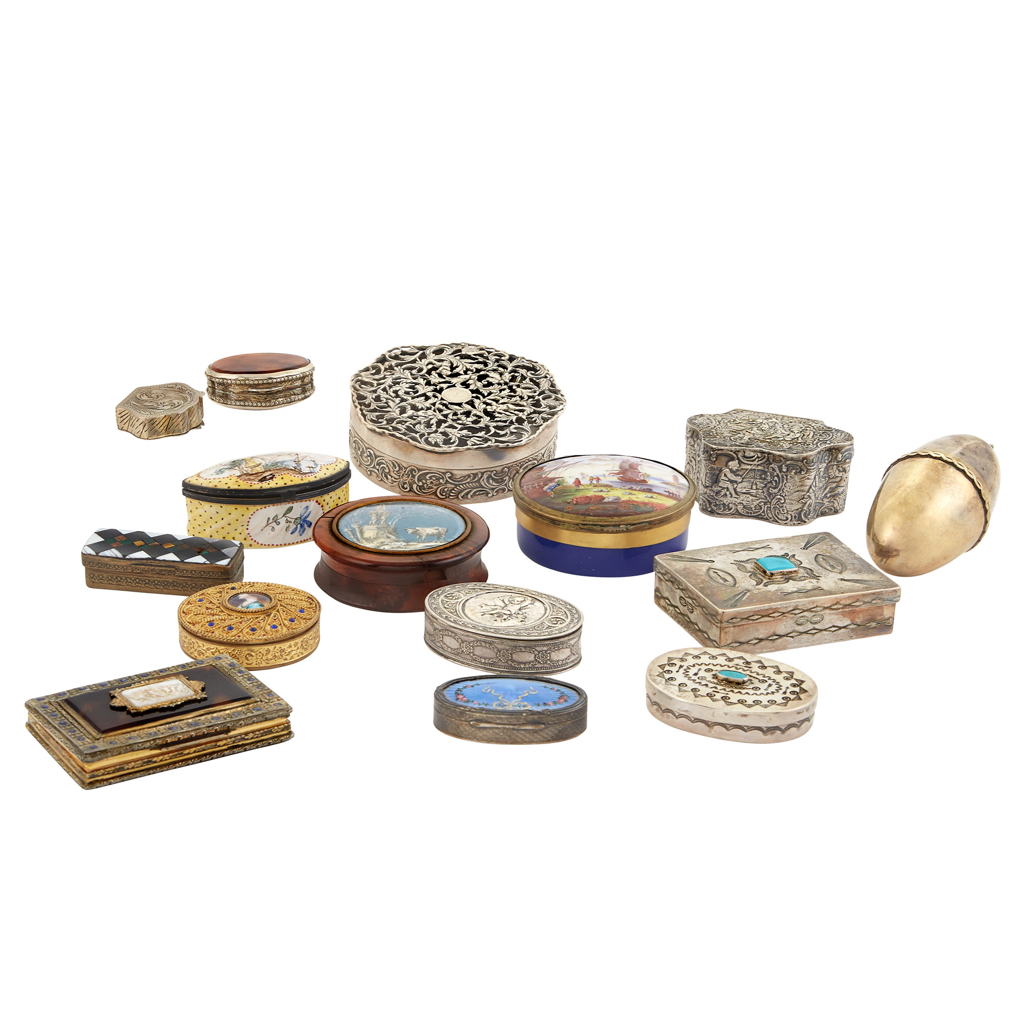 Lot image - Miscellaneous Group of Silver, Enamel, Gilt-Metal and Wood Boxes