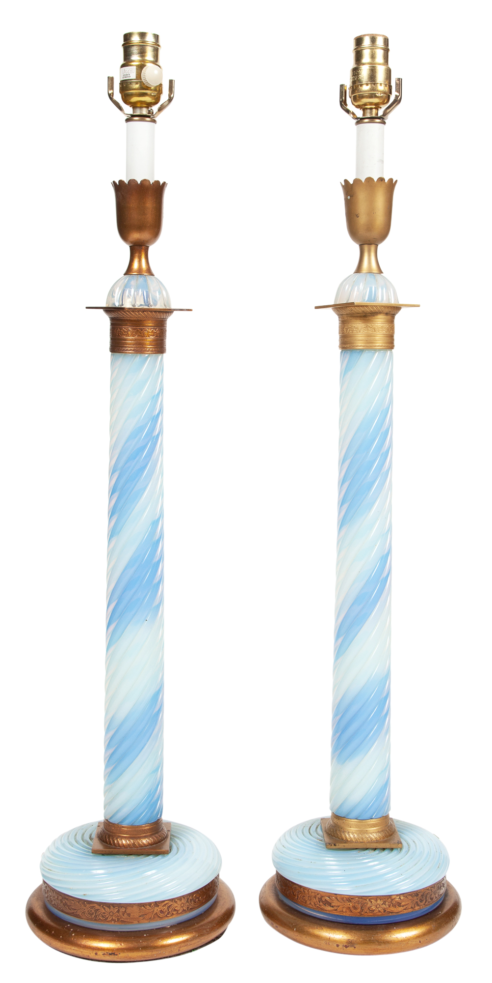 Lot image - Pair of Continental Empire Style Gilt-Metal Mounted Molded Opalescent Glass Columnar Lamps