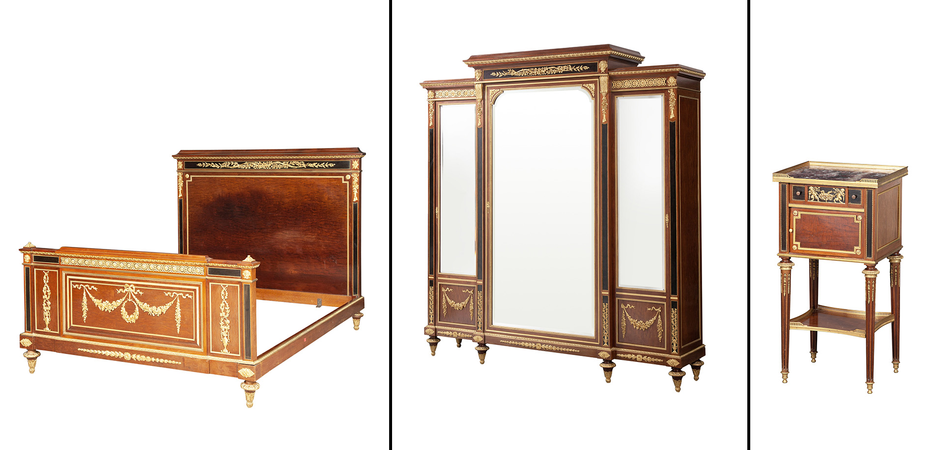Lot image - Louis XVI Style Gilt Bronze Mounted Plum Pudding Mahogany Three-Piece Bedroom Suite
