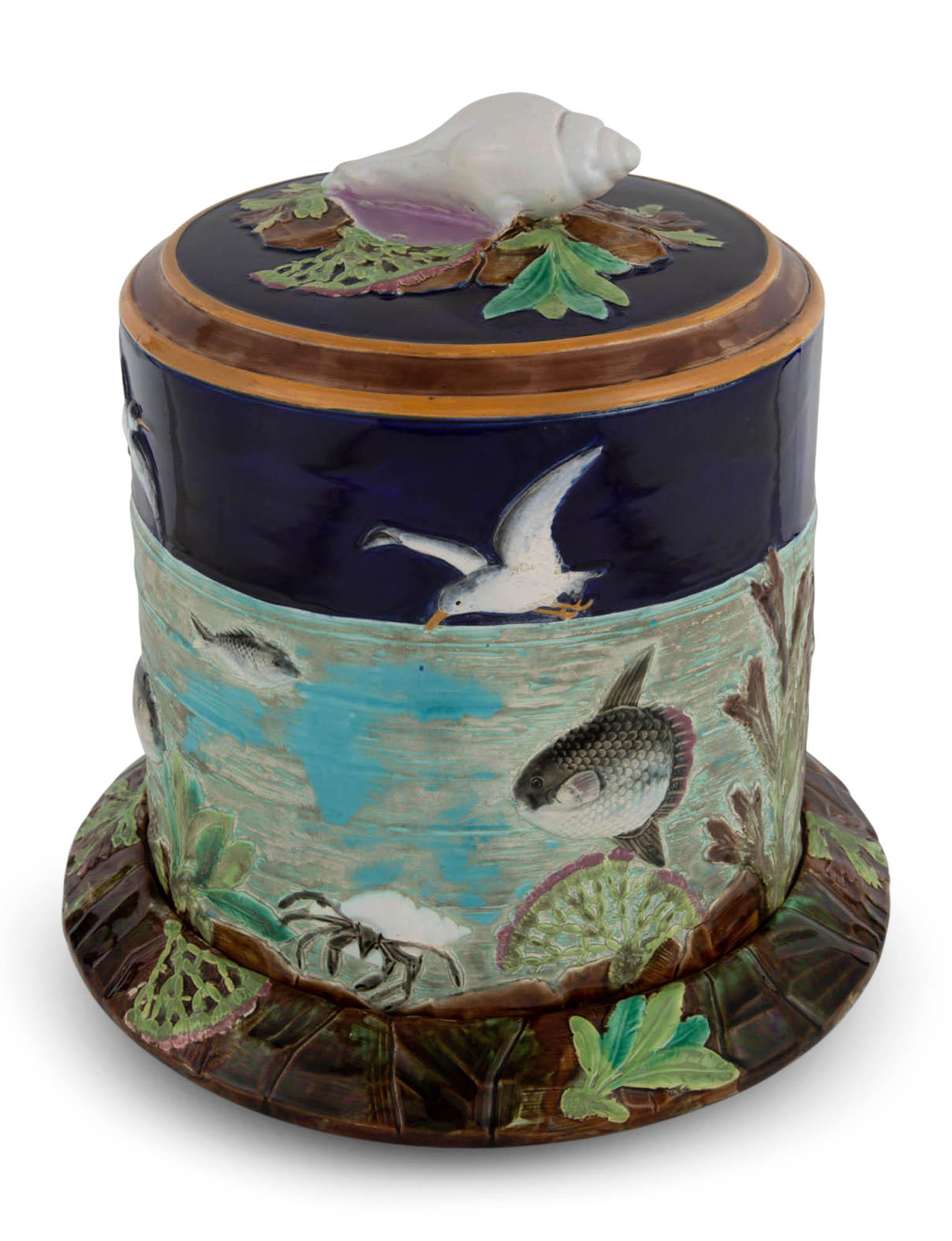 Lot image - George Jones & Sons Majolica Cobalt-Blue and Turquoise-Ground Sea and Sky Cheese Keeper and Stand