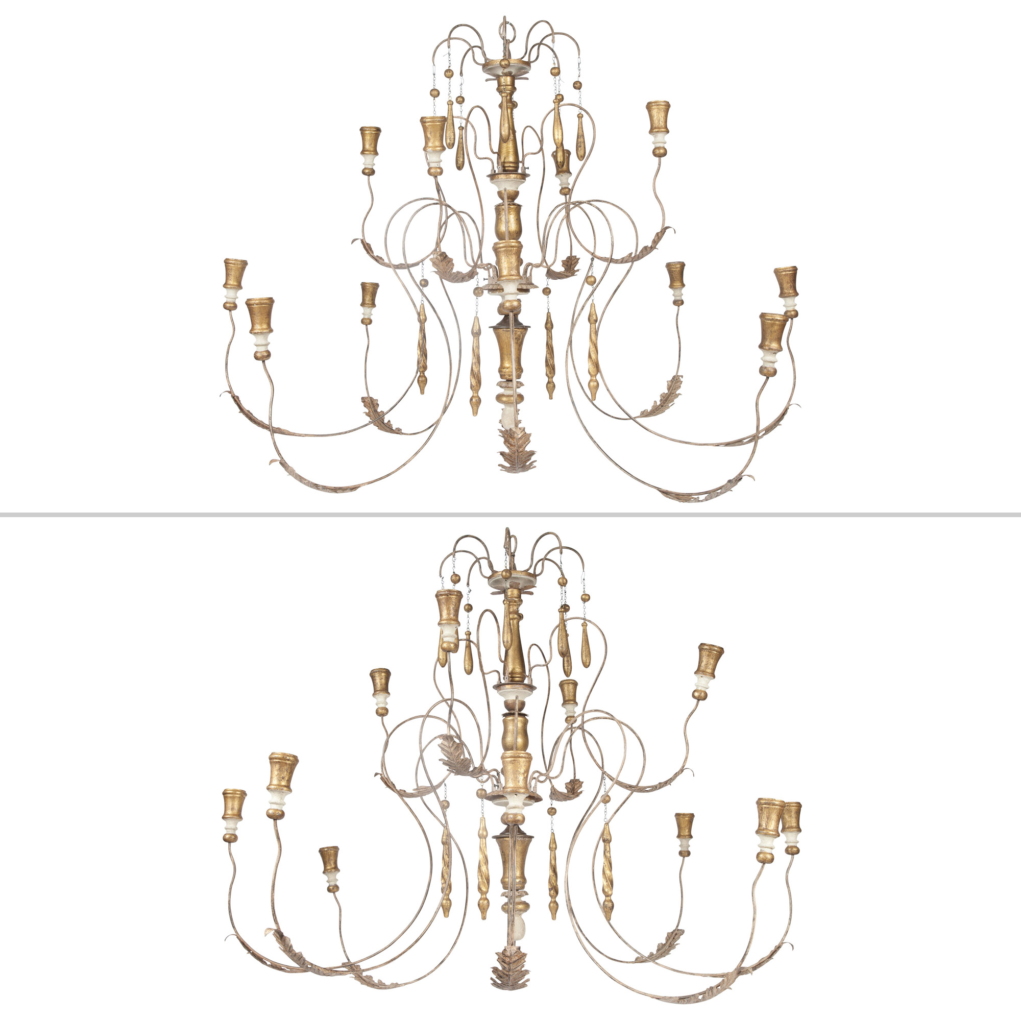 Lot image - Pair of Italian Neoclassical Style Painted and Parcel-Gilt-Metal Twelve-Light Chandeliers