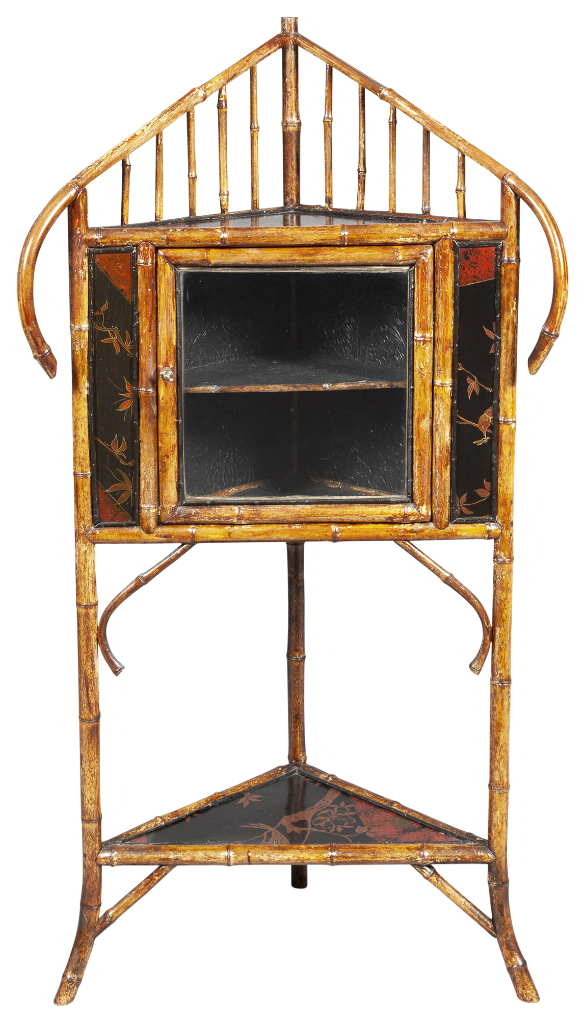 Lot image - French Bamboo and Lacquer Panel Inset Corner Cabinet and a Table