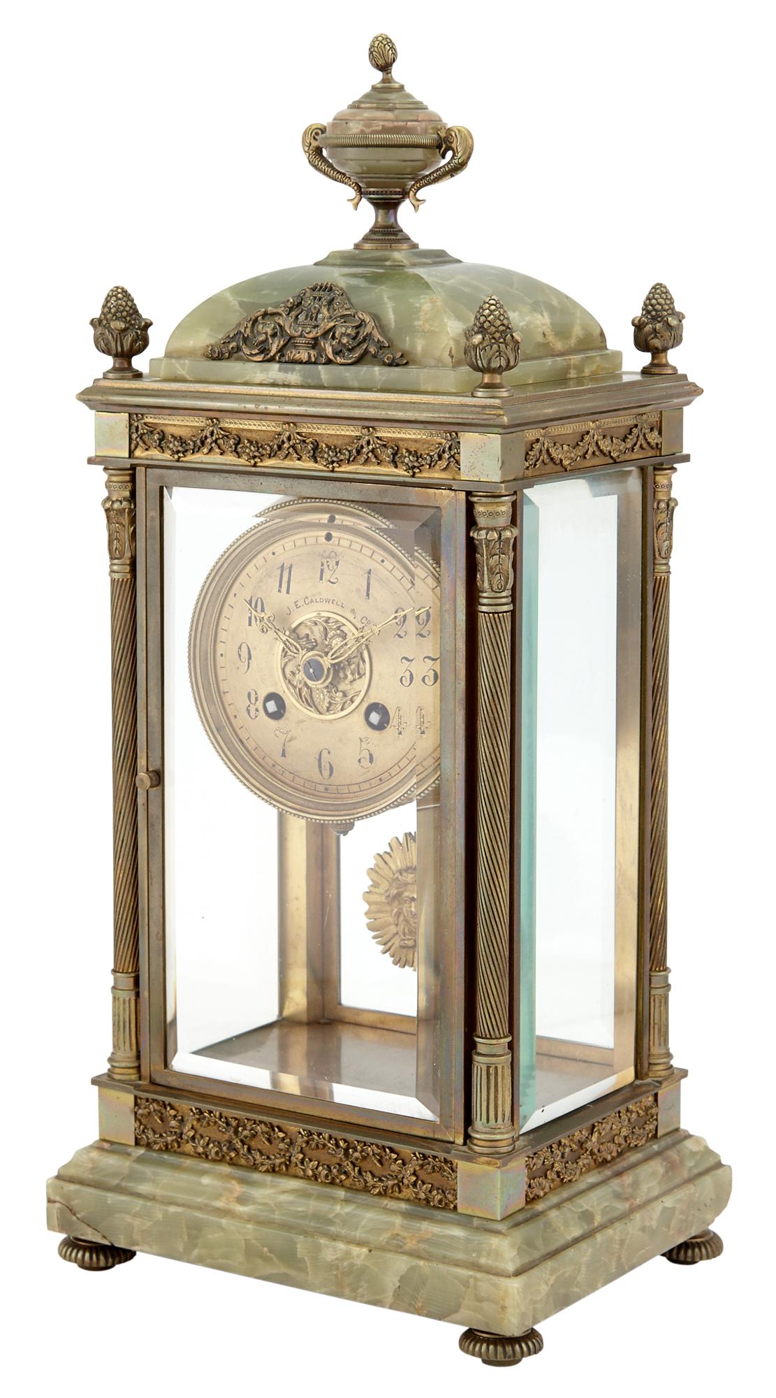 Lot image - J.E. Caldwell & Co. Neoclassical Style Gilt-Metal Mounted Green Onyx Mantel Clock