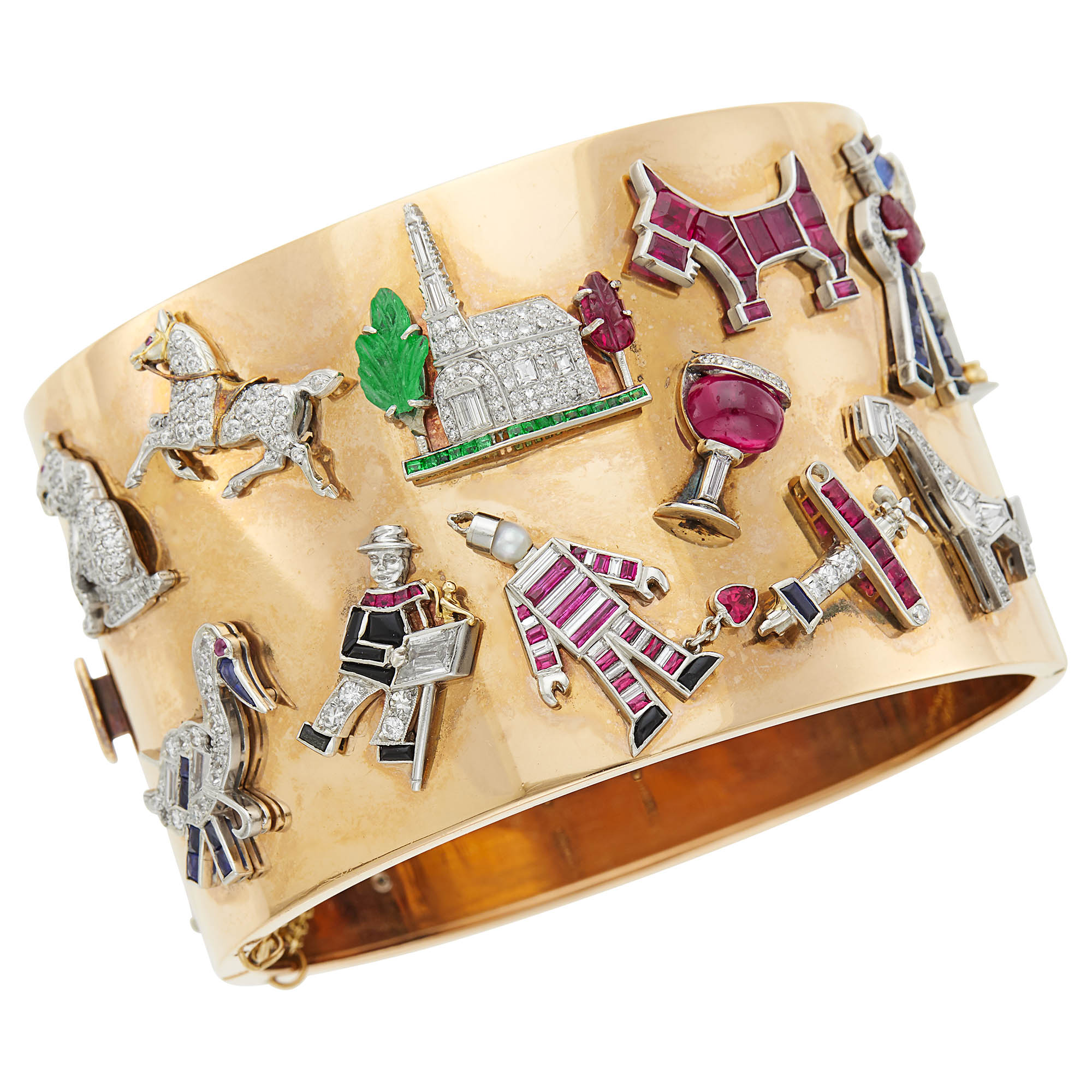 Lot image - Rose Gold Cuff Bangle Bracelet with Platinum, Diamond and Gem-Set Charms