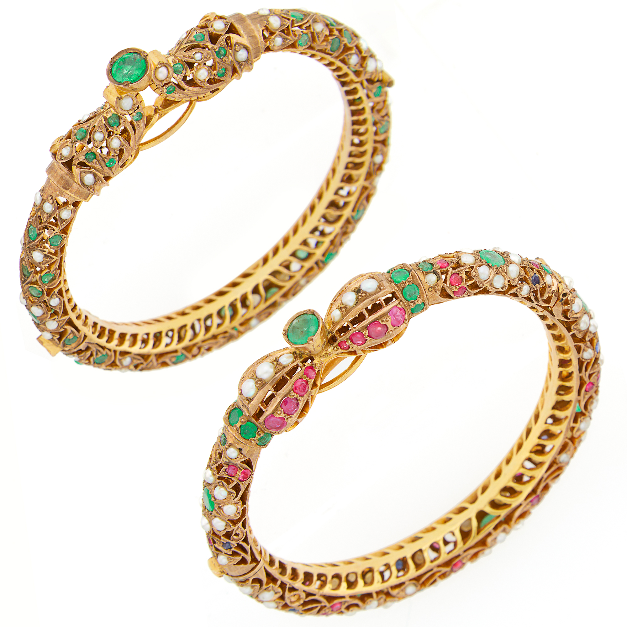 Lot image - Pair of Indian Silver-Gilt, Gem-Set and Split Pearl Bangle Bracelets