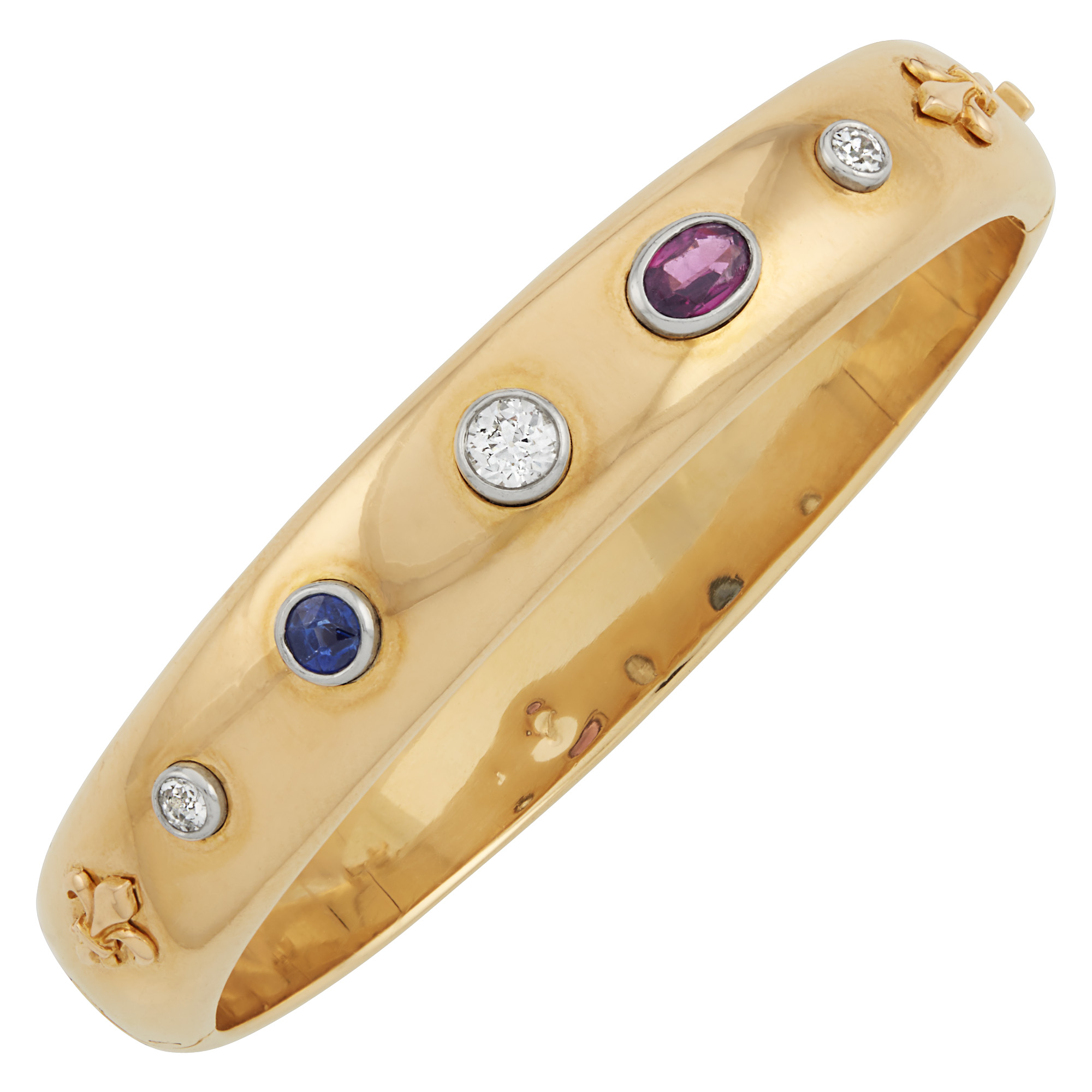 Lot image - Two-Color Gold, Diamond, Sapphire and Rhodolite Garnet Fleur-de-Lys Bangle Bracelet, France
