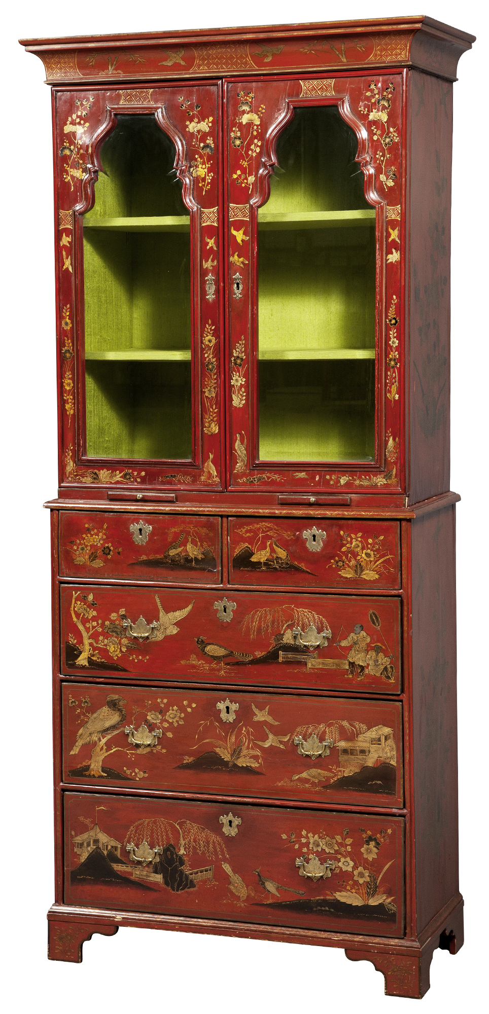 Lot image - Queen Anne Red-Japanned and Parcel-Gilt Cabinet on Chest