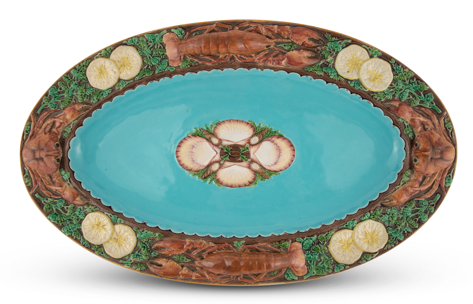 Lot image - Mintons Majolica Turquoise-Ground Lobster and Crab Oval Fish Platter