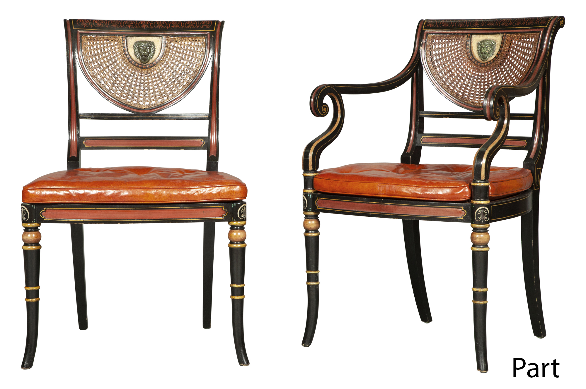 Lot image - Set of Ten Regency Style Black Painted, Parcel Gilt and Caned Dining Chairs