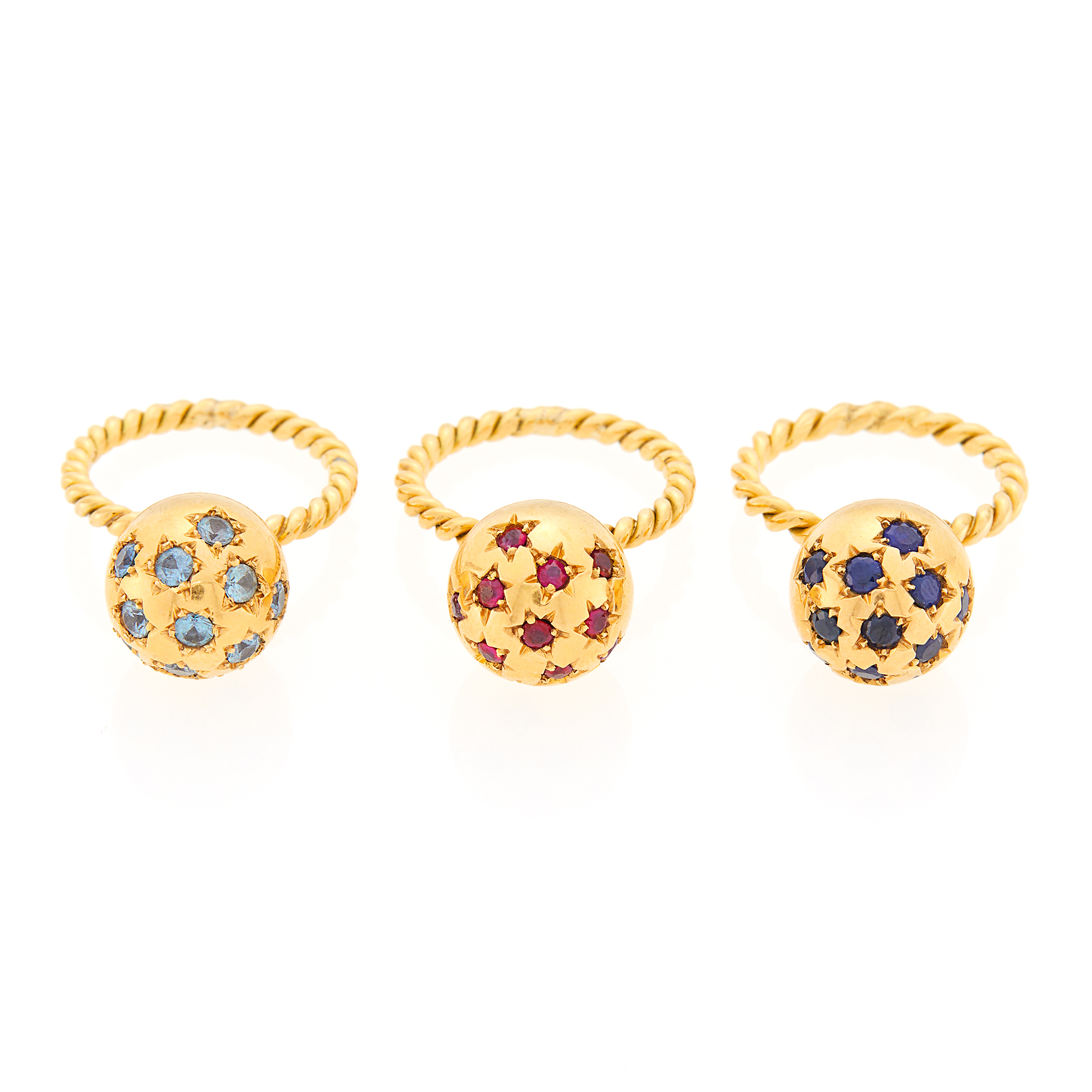 Lot image - Three Gold and Gem-Set Stacking Ball Rings