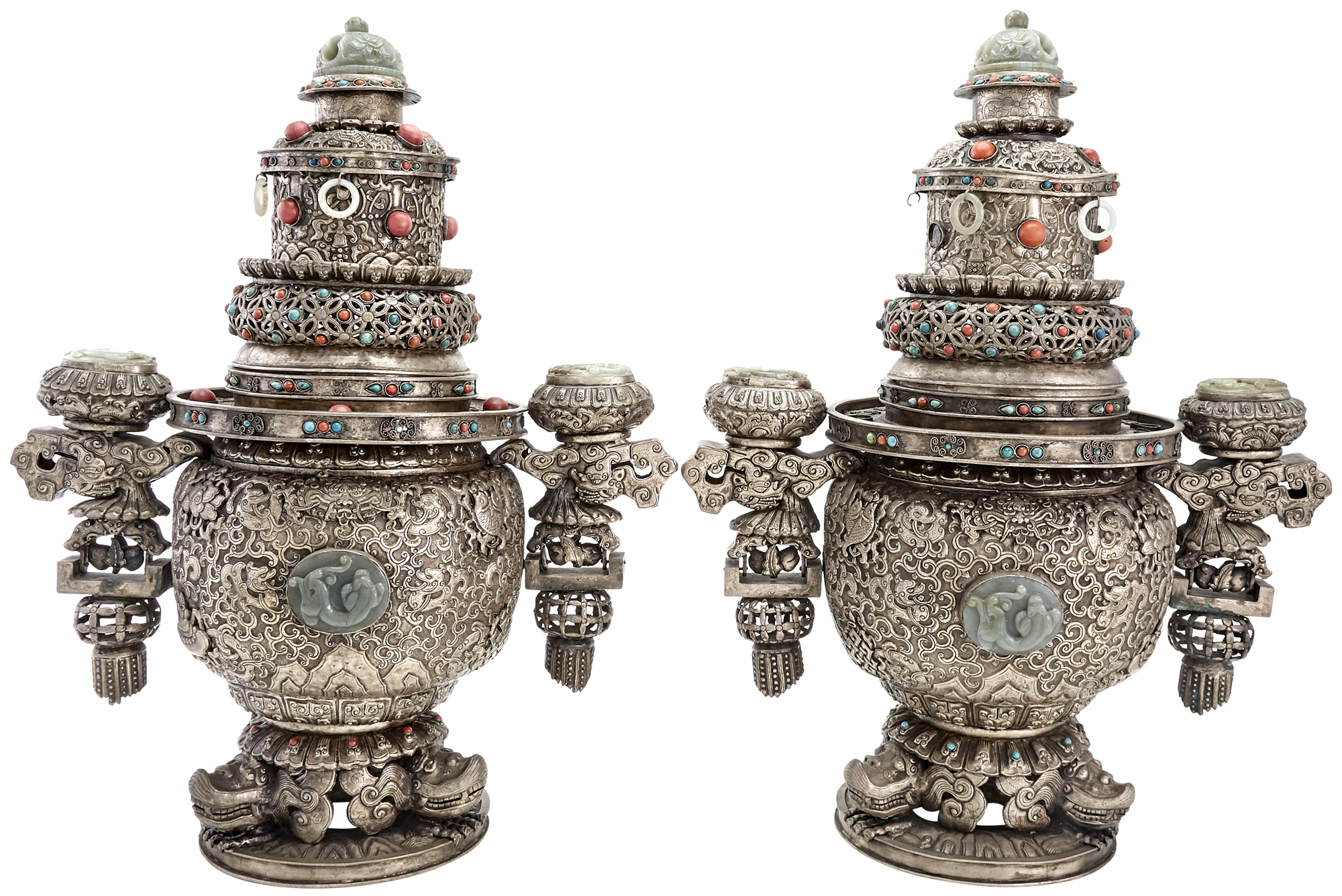 Lot image - A Pair of Jade-Inset Mongolian White Metal Censers