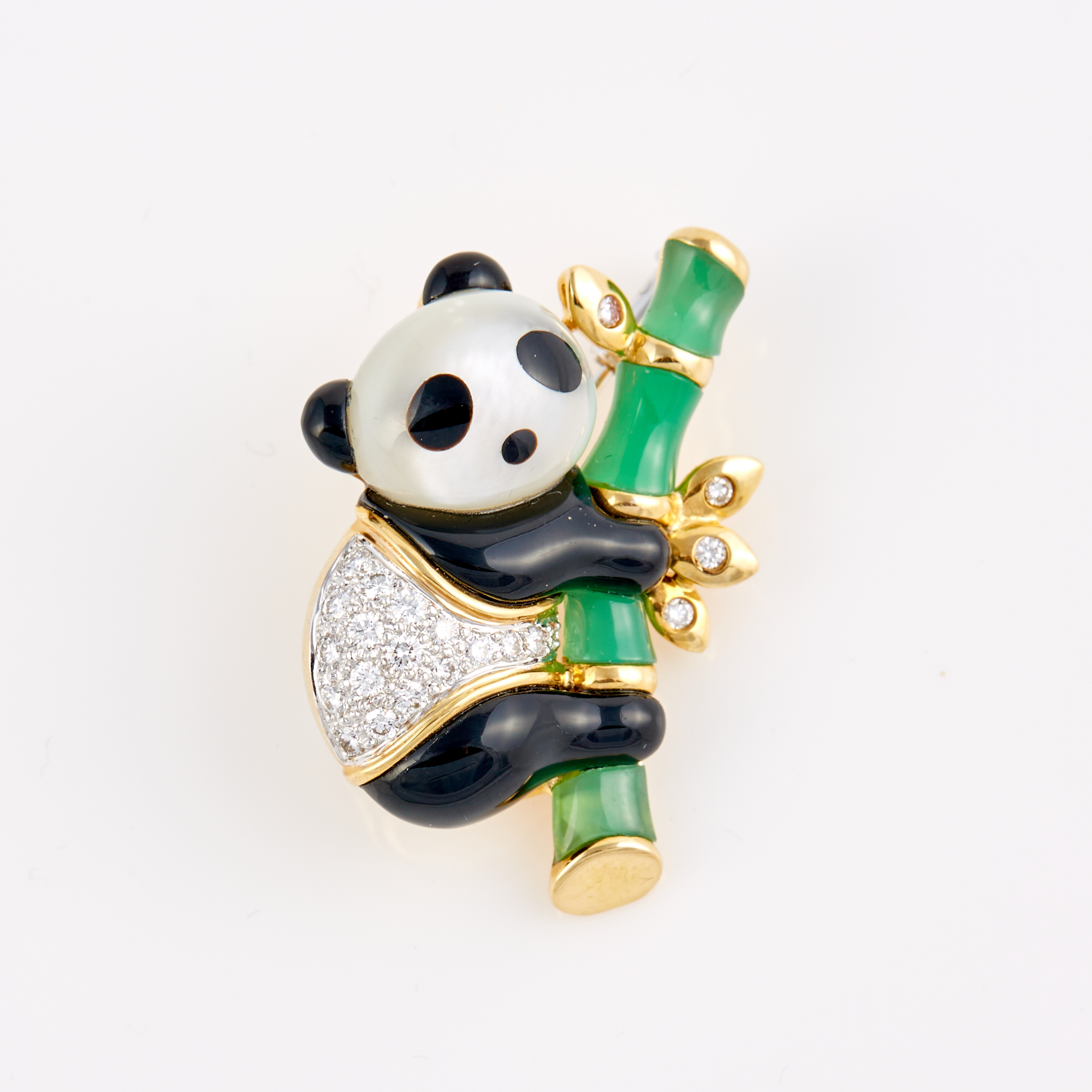 Lot image - Diamond, Enamel and Stone Panda Pin, 22 diamonds about 0.50 ct., 14K 7 dwt. all