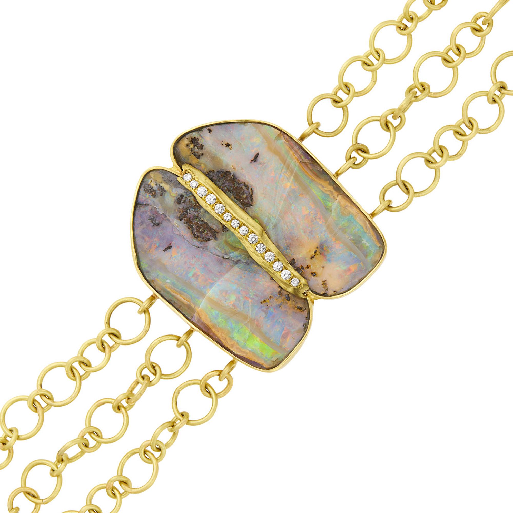 Lot image - Triple Strand Gold, Boulder Opal and Diamond Bracelet