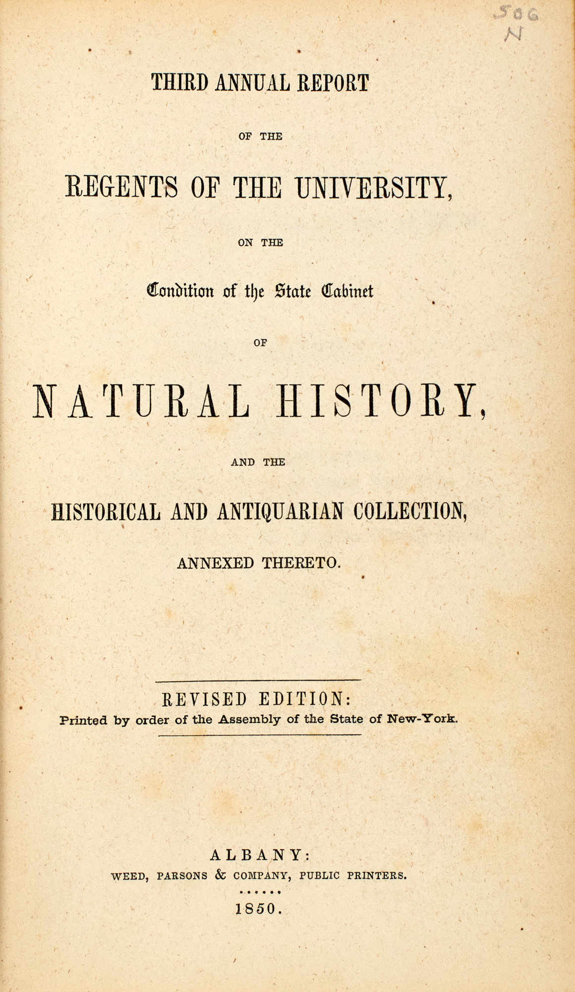 Lot image - [COLOR PLATE]  Two copies of Third Annual Report of the Regents of the University on the Condition of the State Cabinet of Natural History and the Historical and Antiquarian Collection, Annexed Thereto.