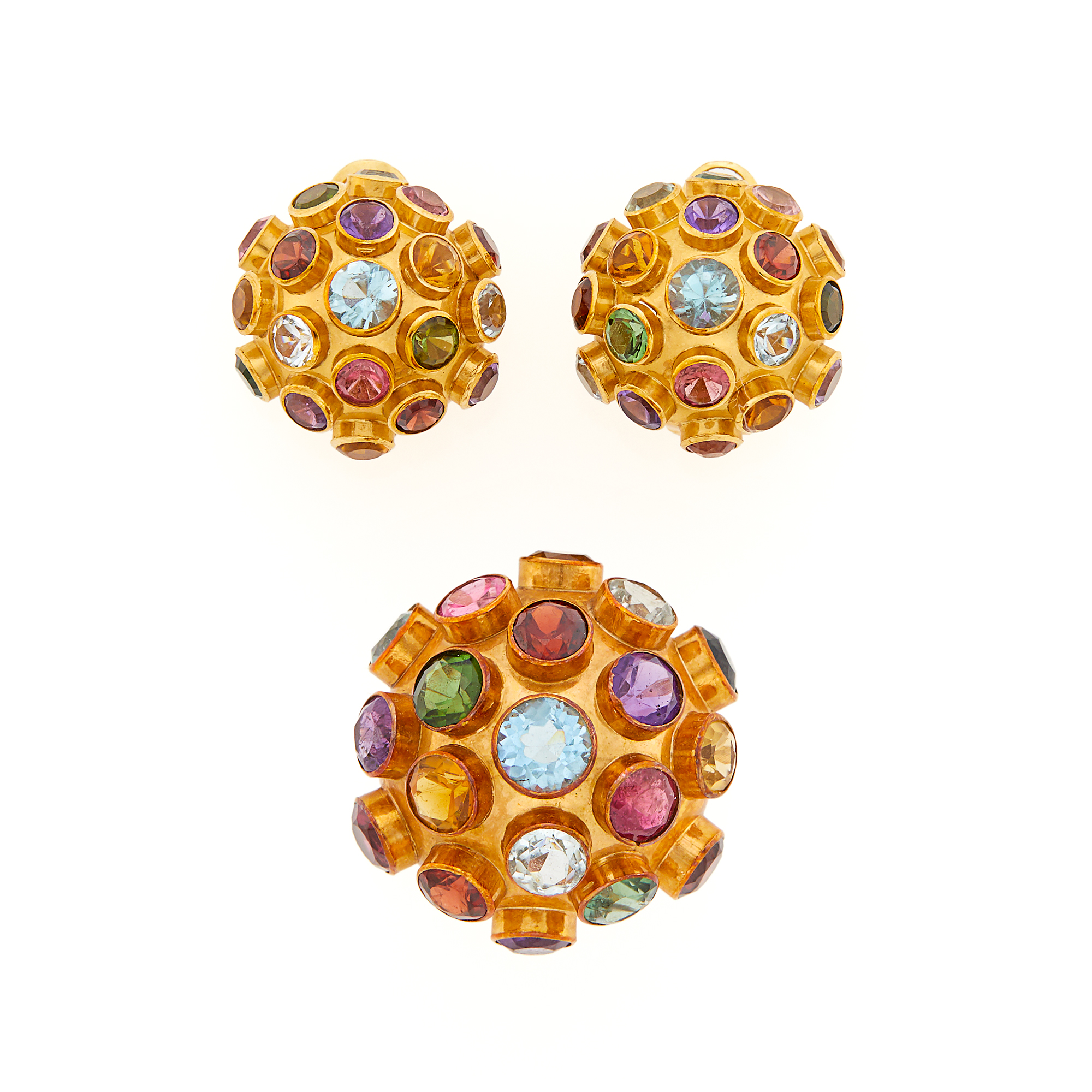 Lot image - Gold and Gem-Set Dome Sputnik Ring and Pair of Earclips