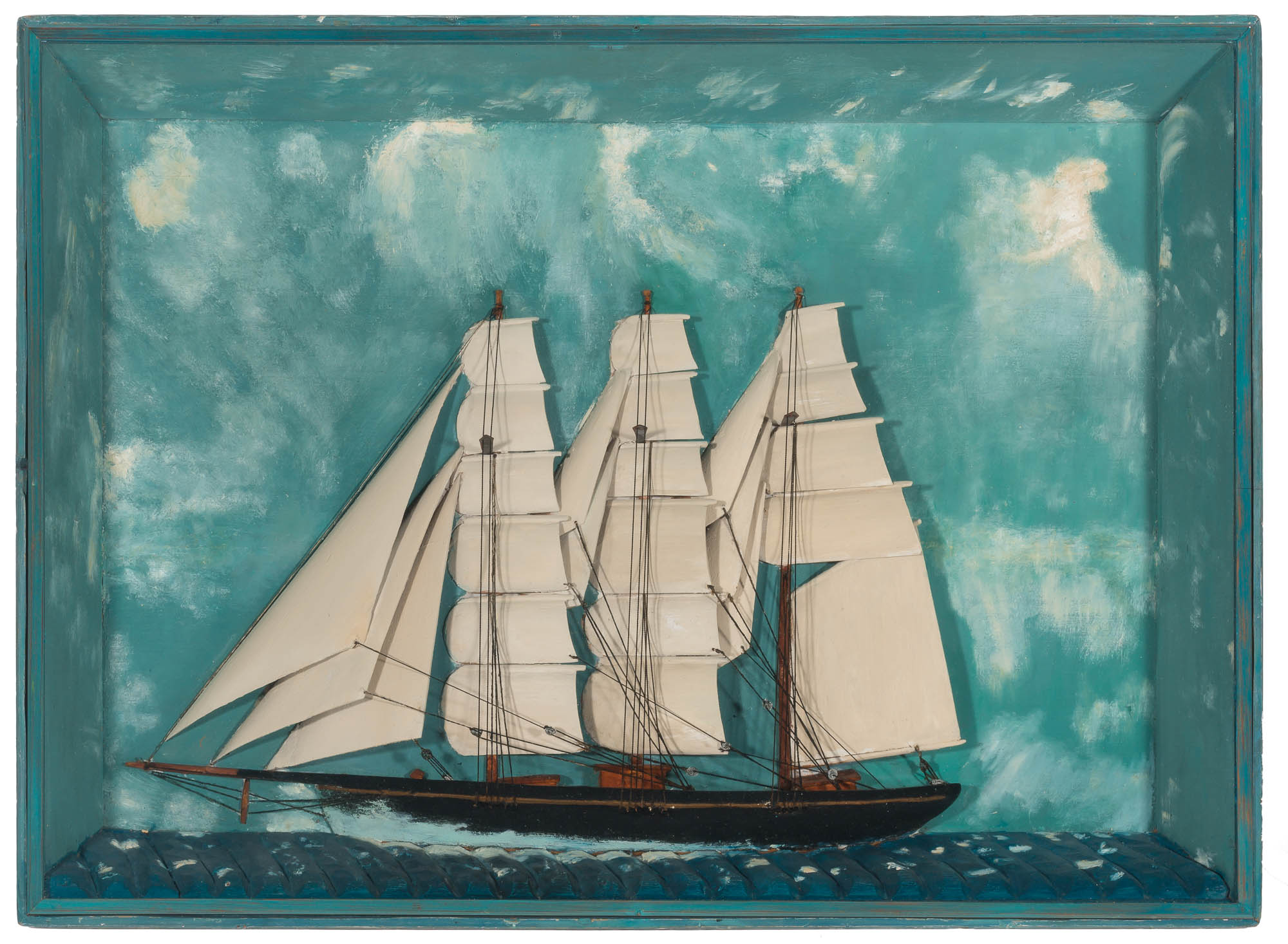 Lot image - Carved and Painted Ship Diorama of a Three-Masted Sailing Vessel
