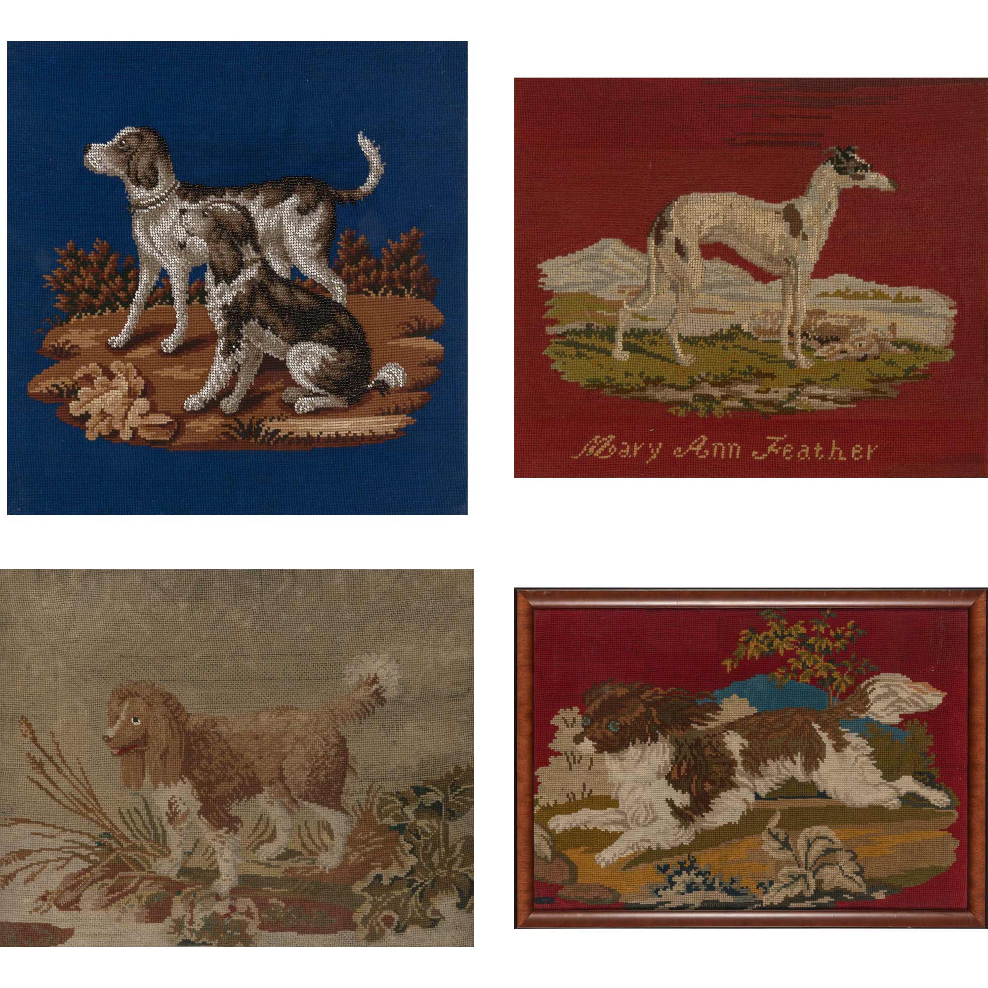 Lot image - Group of Four Framed Needlework Pictures of Dogs
