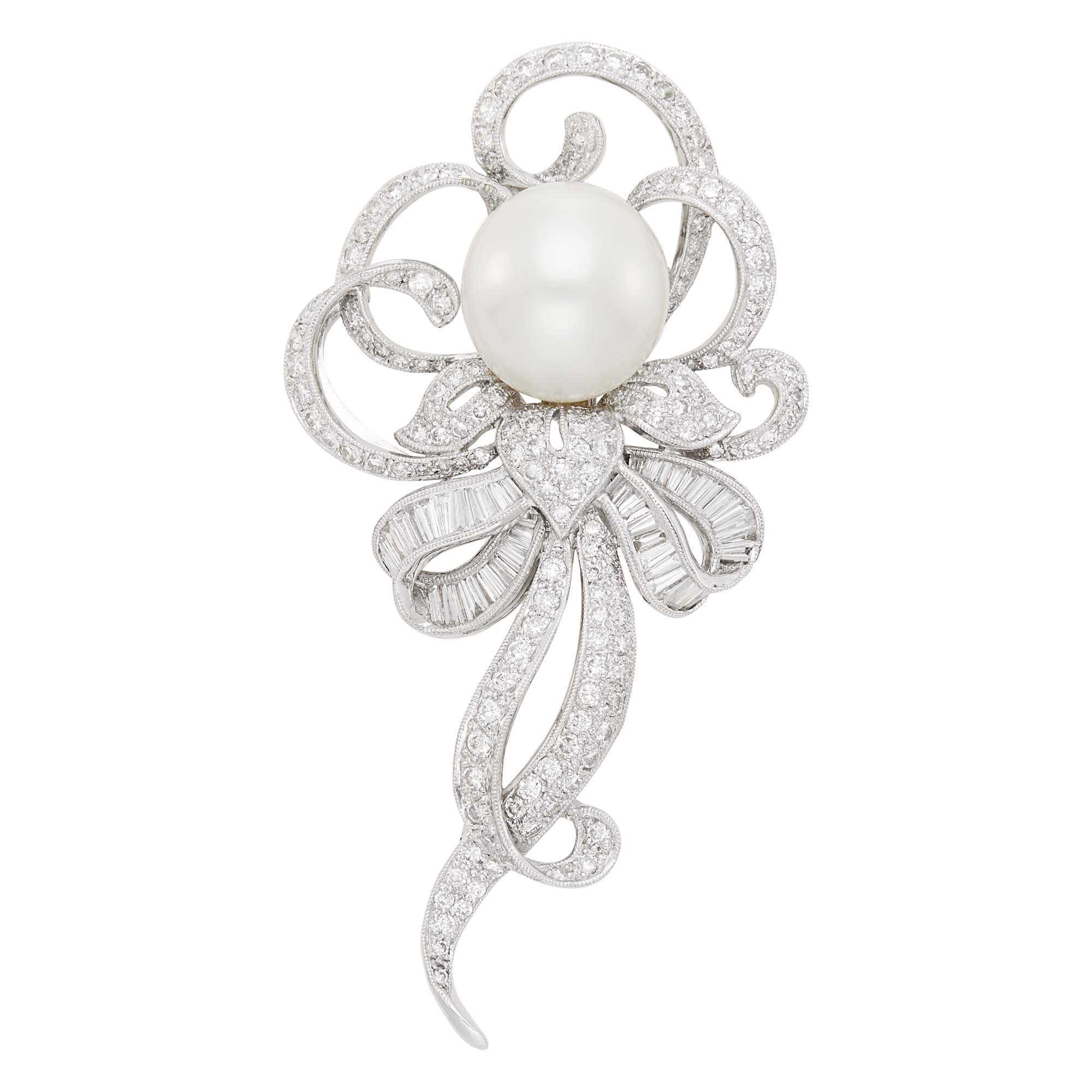 Lot image - White Gold, South Sea Cultured Pearl and Diamond Clip-Brooch
