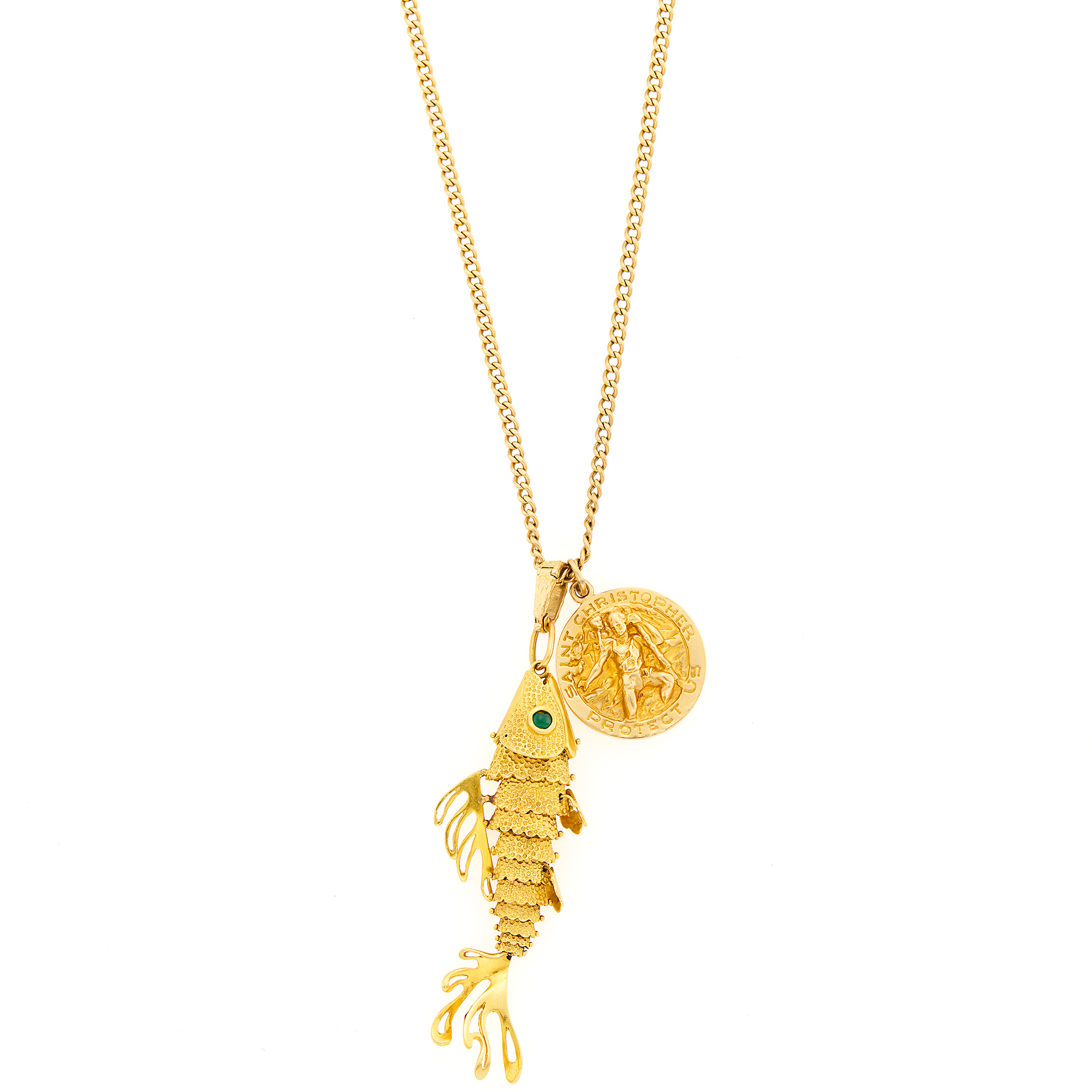 Lot image - Long Gold Chain Necklace with Fish and Saint Christopher Pendant