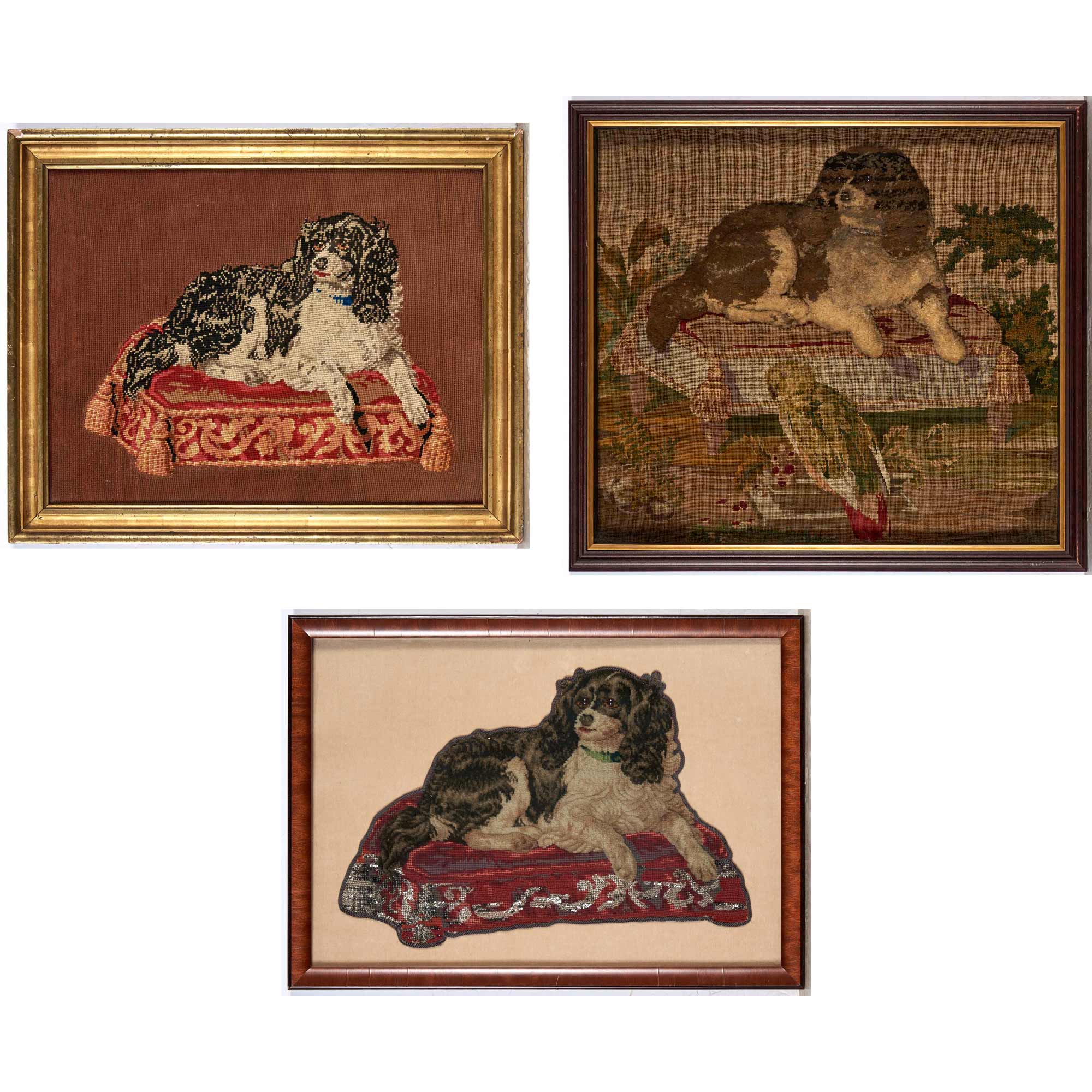 Lot image - Three Framed Needlework Pictures of Spaniels on Stools