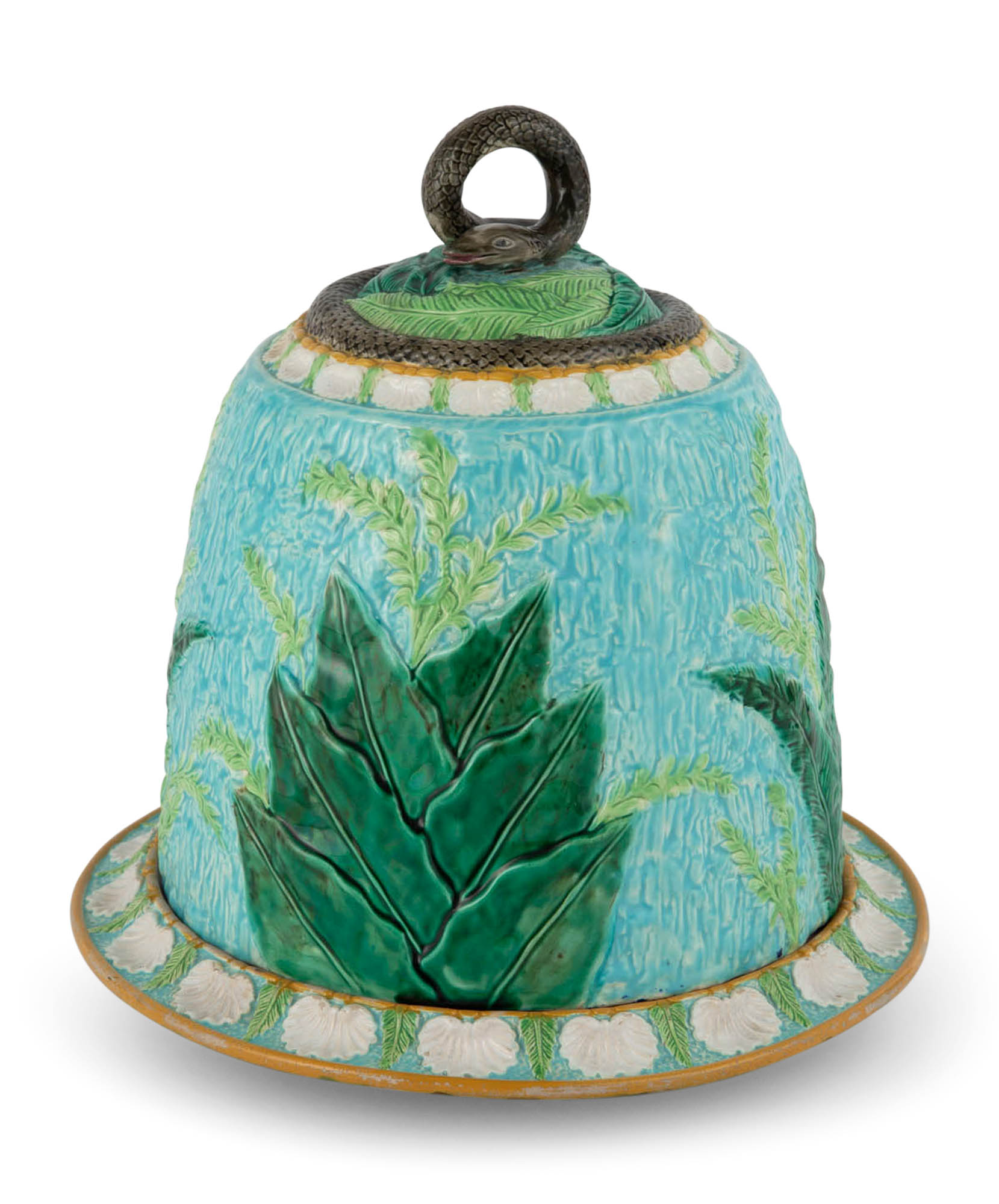 Lot image - George Jones Majolica Turquoise-Ground Snake Cheese Dome and Stand