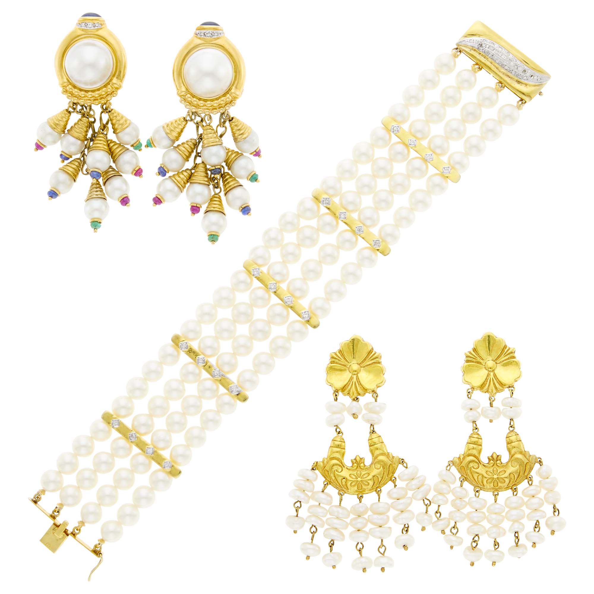 Lot image - Four Strand Cultured Pearl, Gold and Diamond Bracelet and Gem-Set Fringe Earrings and Freshwater Pearl Pendant-Earrings