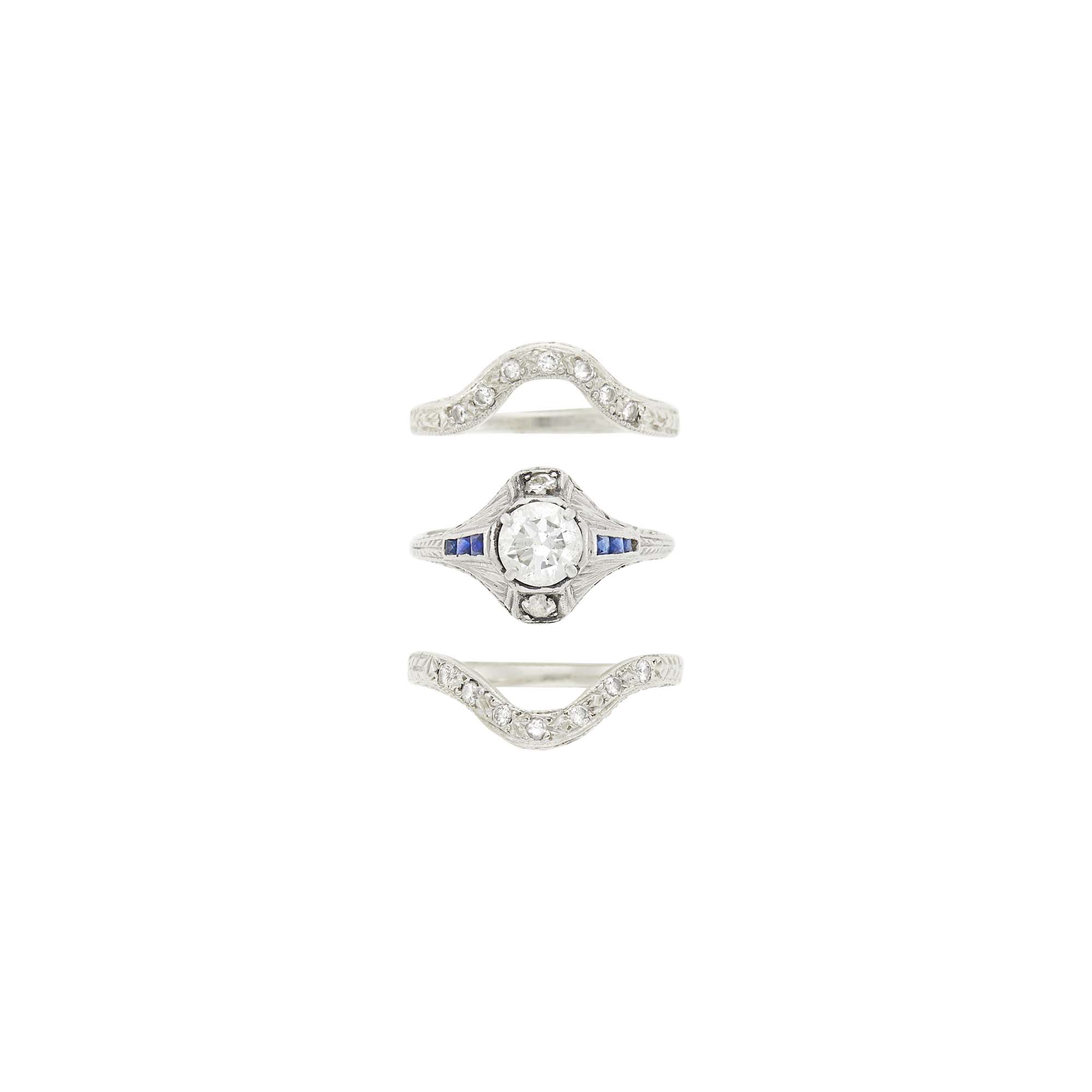 Lot image - Platinum, White Gold and Diamond Ring and Two White Gold and Diamond Guard Rings