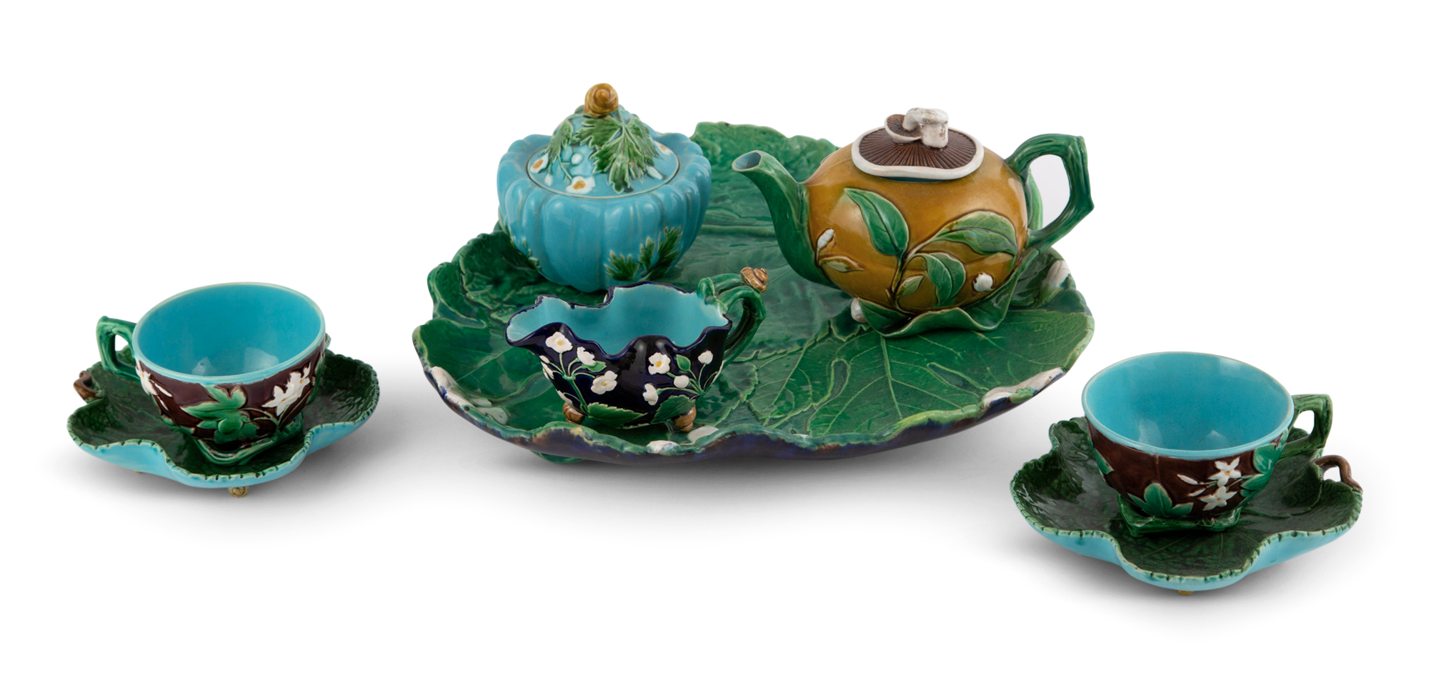 Lot image - Assembled Minton Majolica Mushroom and Melon Tête-a-Tête Tea Set