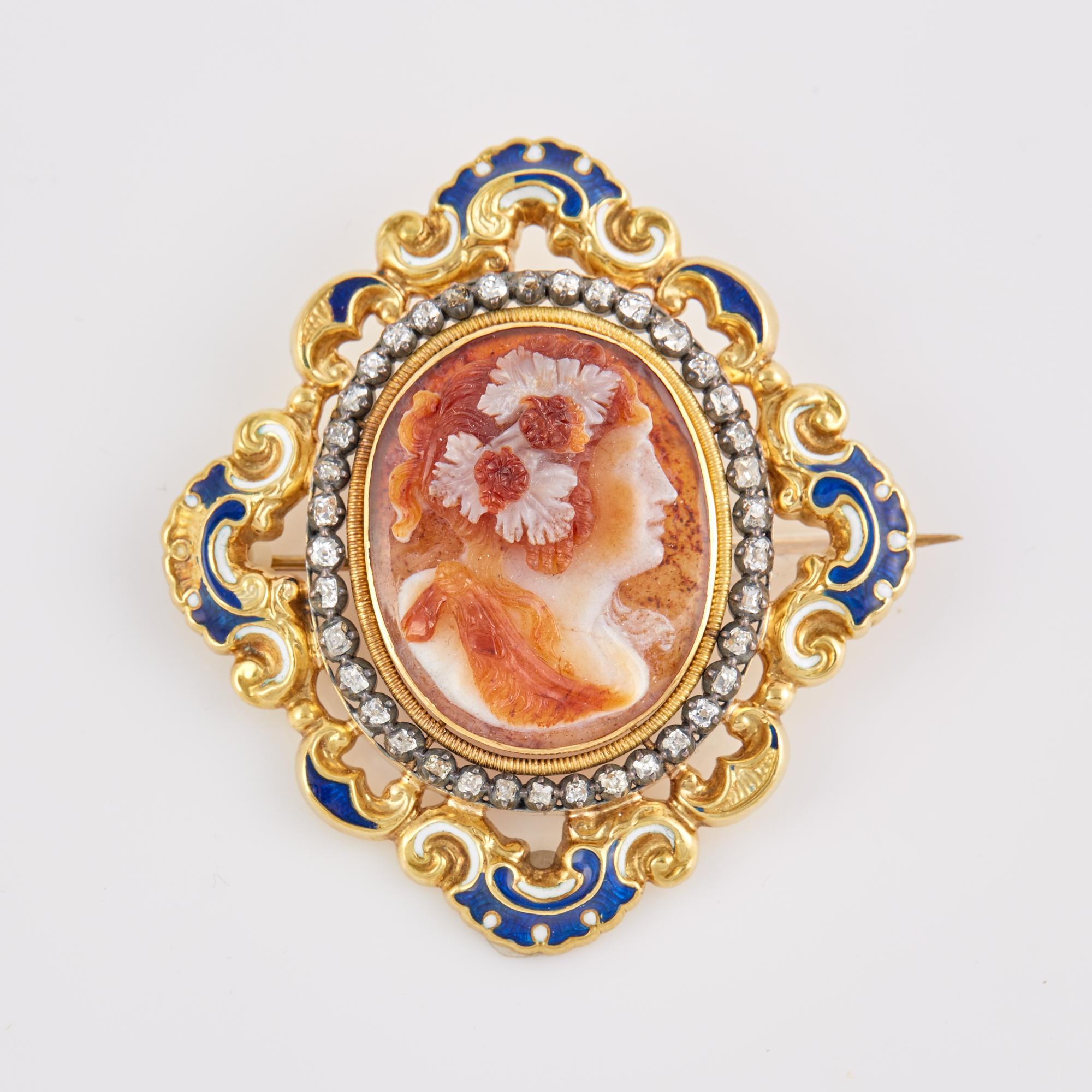 Lot image - Diamond, Stone and Enamel Cameo Pin, 14K, damaged
