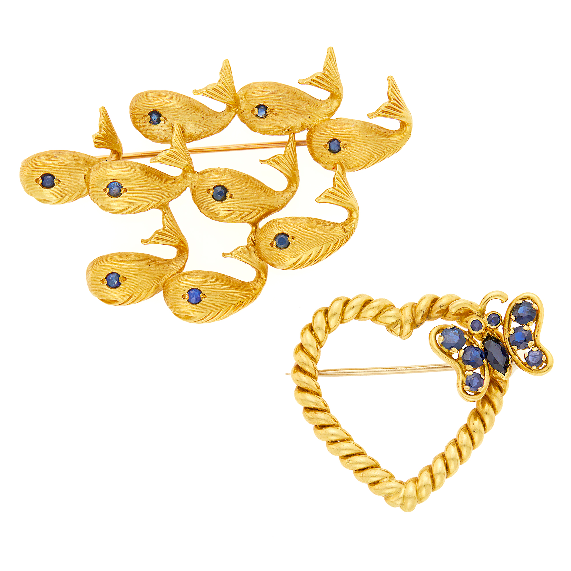 Lot image - Tiffany & Co. Gold and Sapphire Butterfly and Heart Brooch and Erwin Pearl School of Fish Brooch