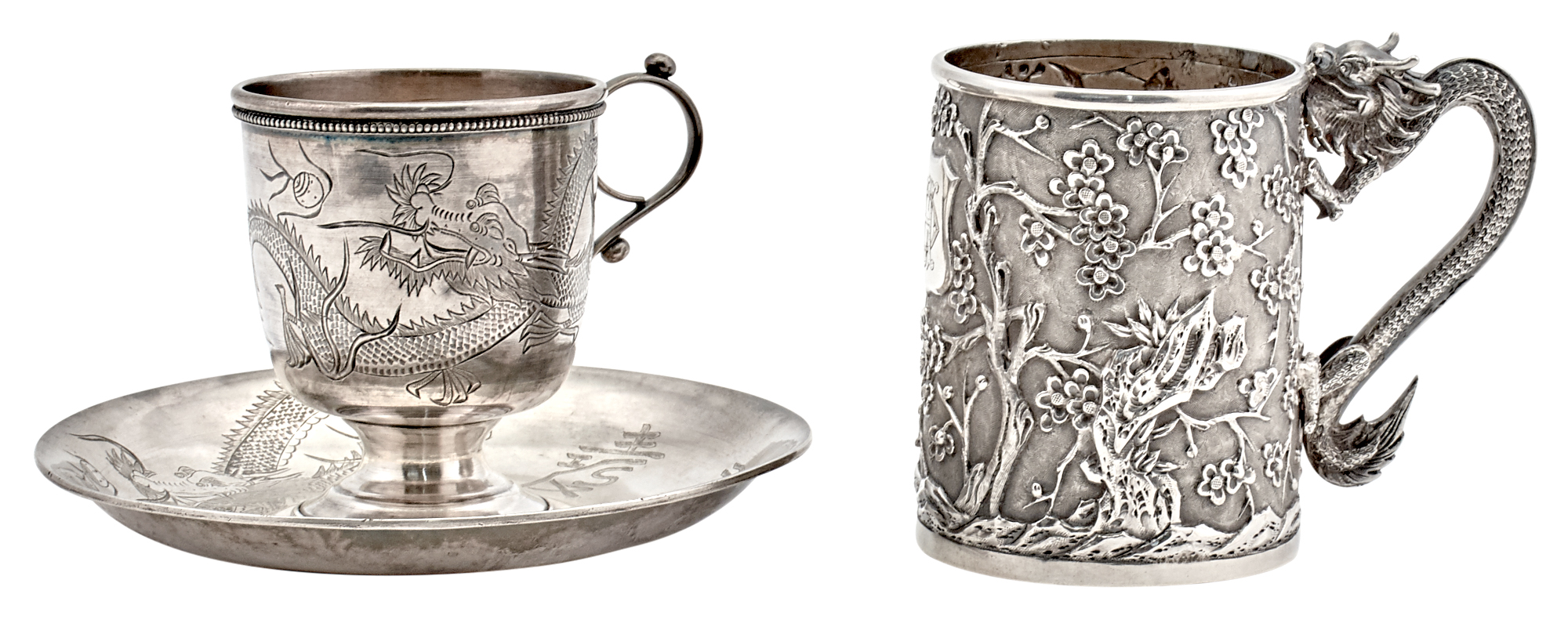 Lot image - A Chinese Silver Mug and Teacup and Saucer