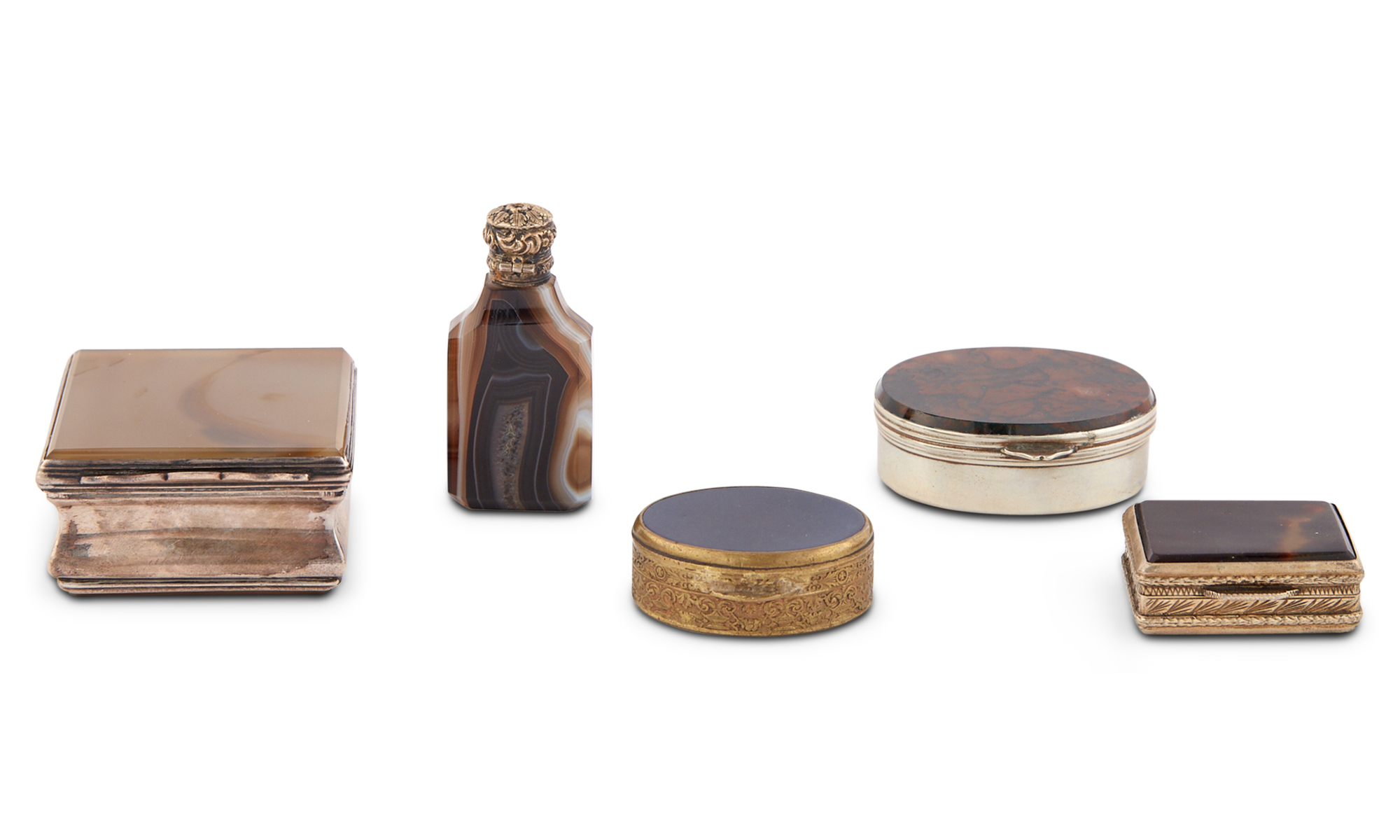 Lot image - Group of Five English and Continental Silver-Mounted Hardstone Articles