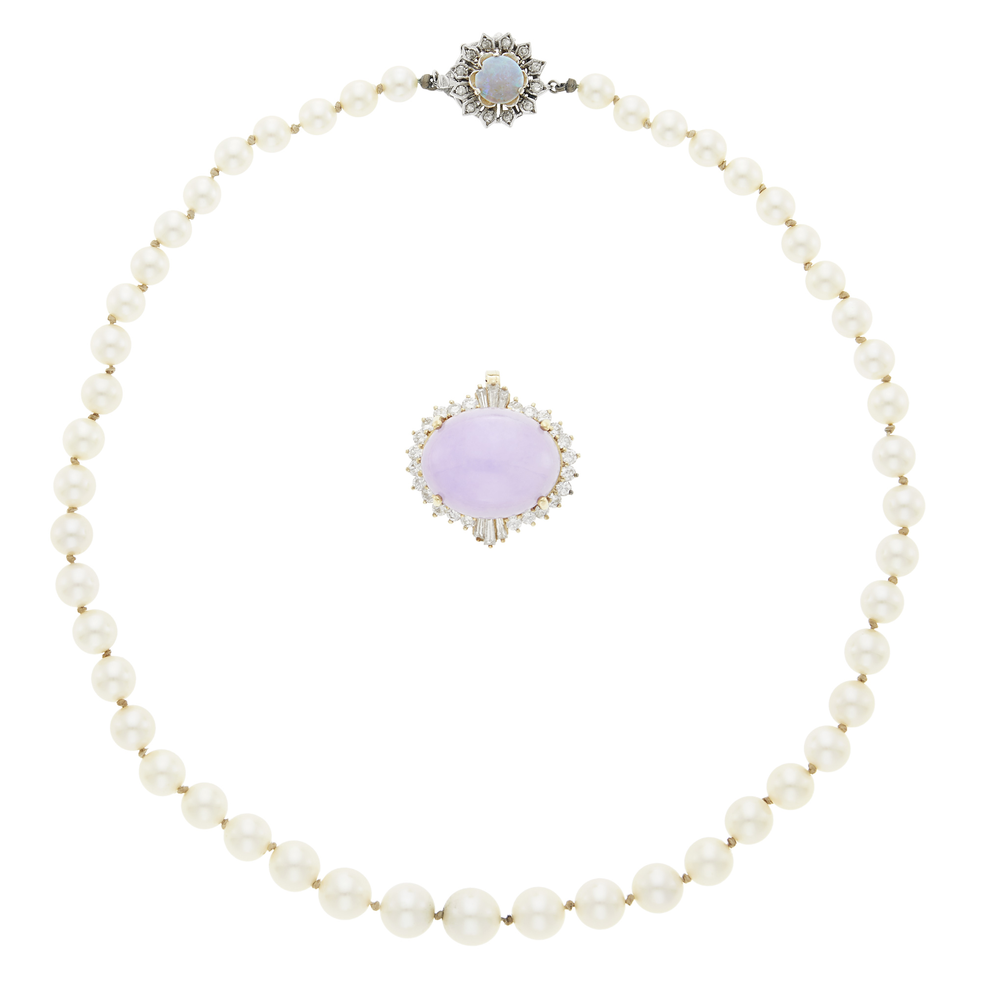 Lot image - Cultured Pearl Necklace with White Gold, Opal and Diamond Clasp and Gold, Lavender Jade and Diamond Enhancer