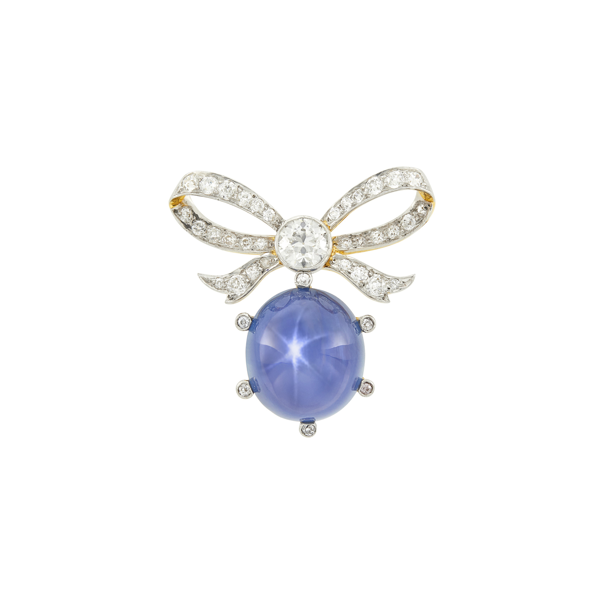 Lot image - Tiffany & Co. Belle Époque Gold, Platinum, Star Sapphire and Diamond Bow Lapel-Brooch