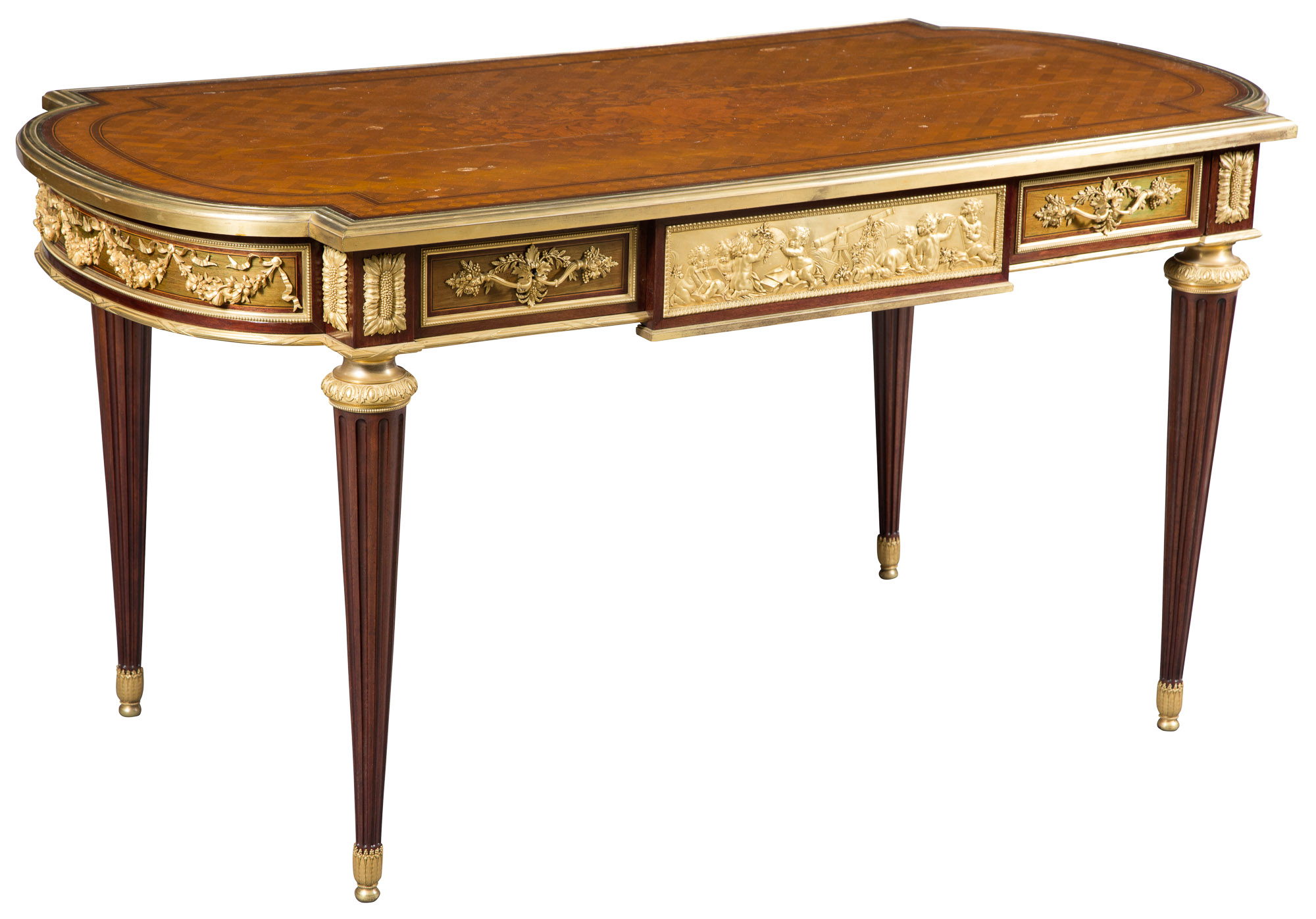 Lot image - Louis XVI Style Gilt-Bronze-Mounted Marquetry and Parquetry Mahogany Bureau Plat by Henry Dasson Dated 1878