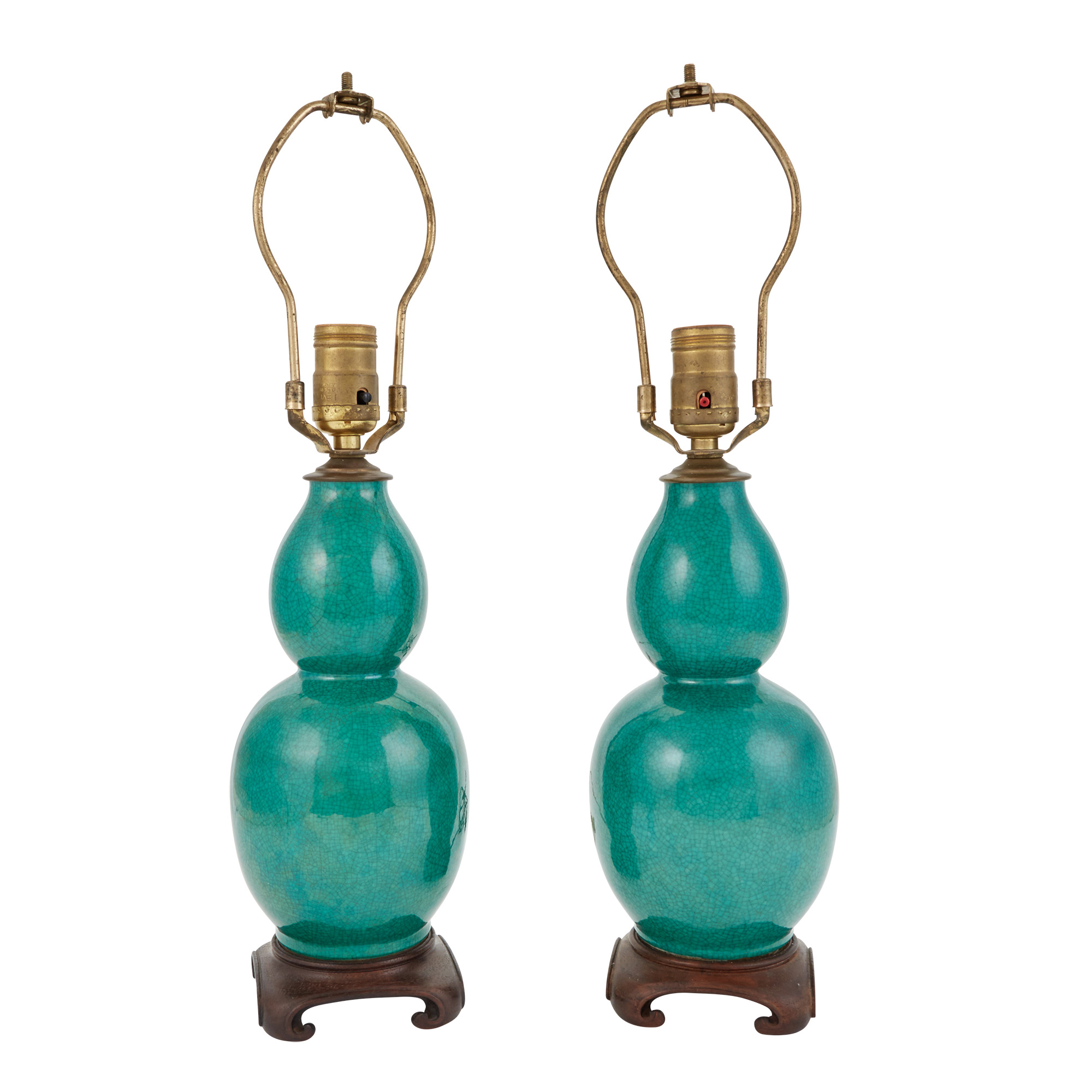 Lot image - Pair of Chinese Green Crackle Glazed Pottery Double Gourd Form Vases