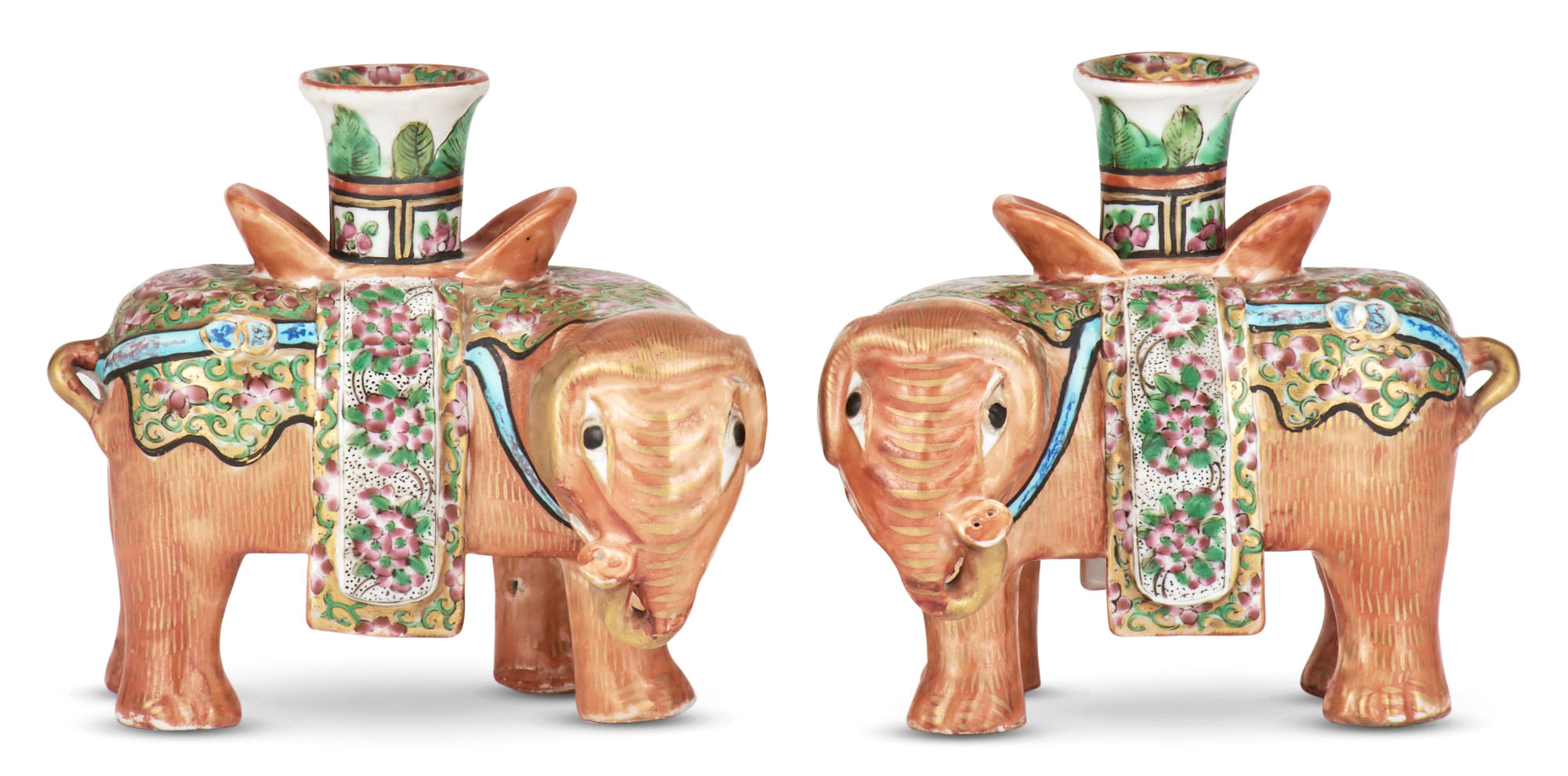Lot image - A Pair of Chinese Enameled Porcelain Elephant-Form Candle Holders