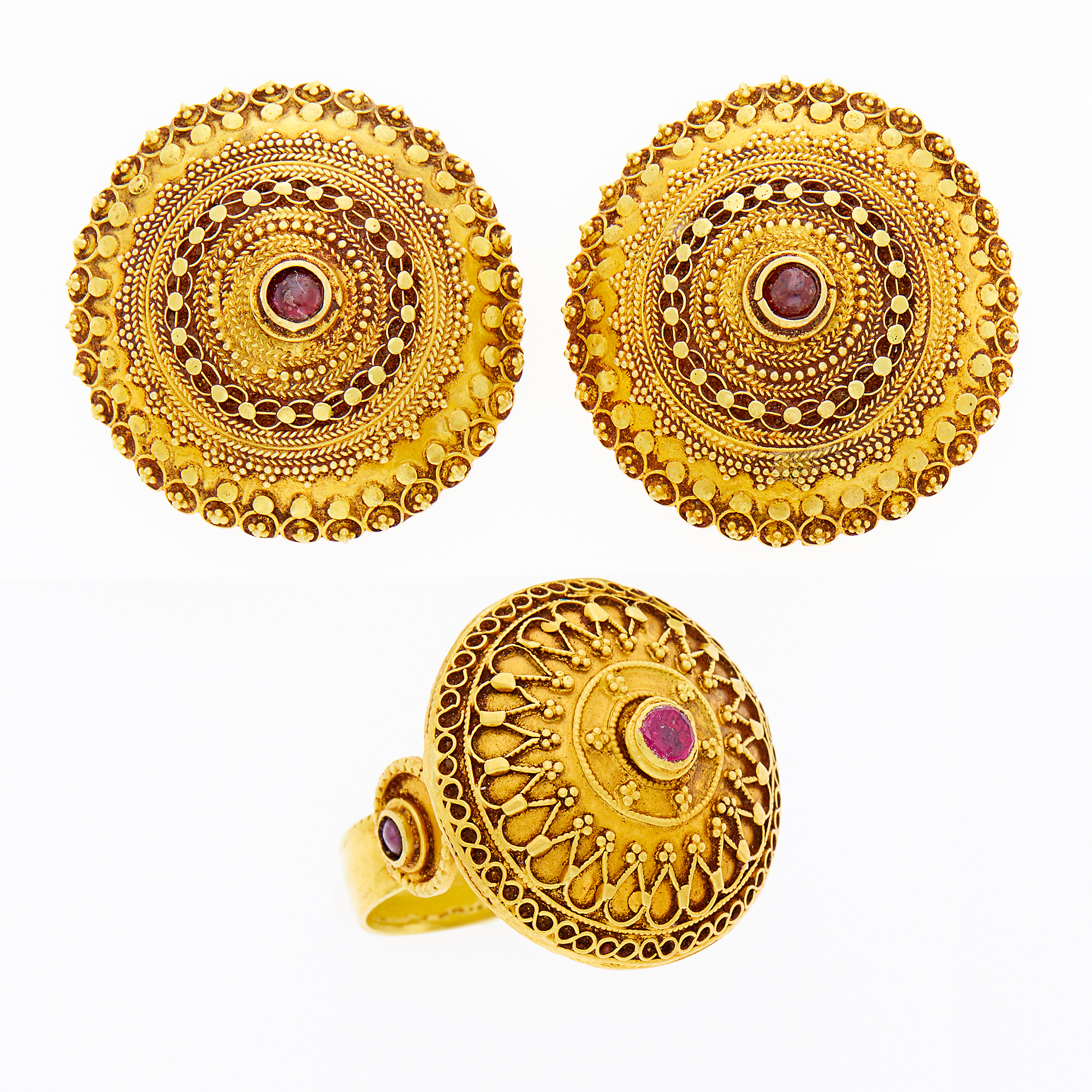 Lot image - Pair of Gold and Ruby Earrings and Ring