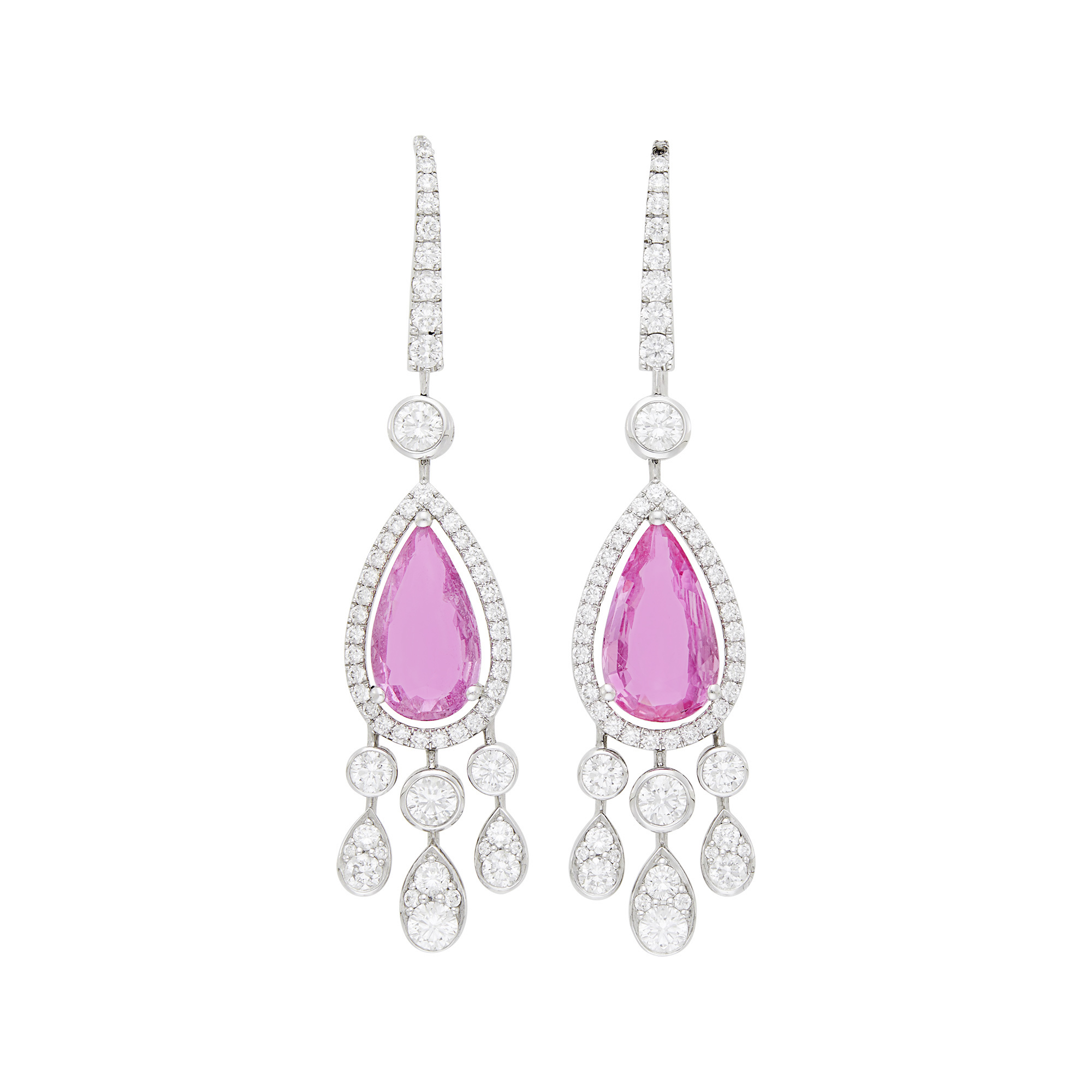 Lot image - Graff Pair of White Gold, Pink Sapphire and Diamond Pendant-Earrings
