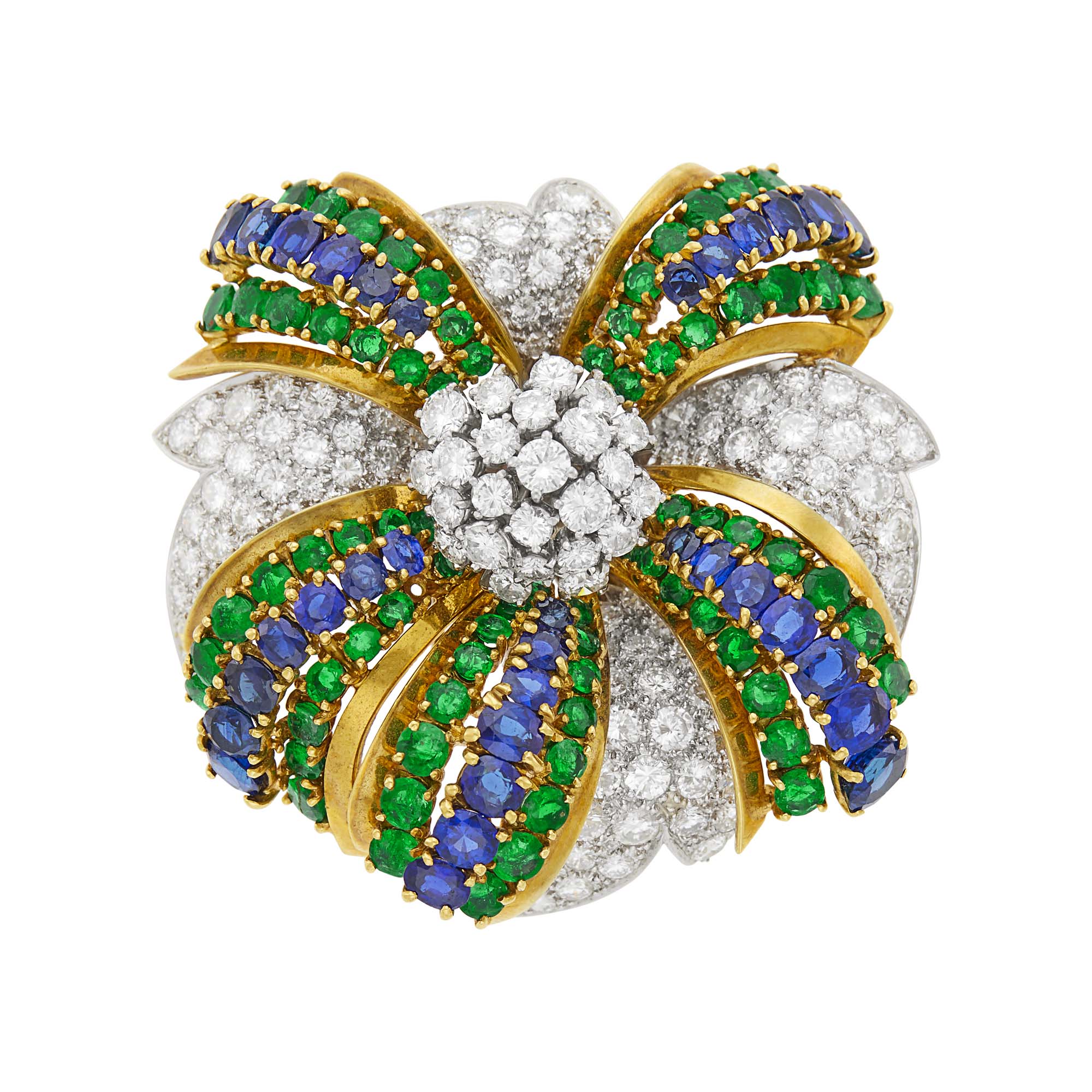 Lot image - Gold, Platinum, Diamond, Sapphire and Emerald Flower Clip-Brooch with Interchangeable South Sea Cultured Pearl