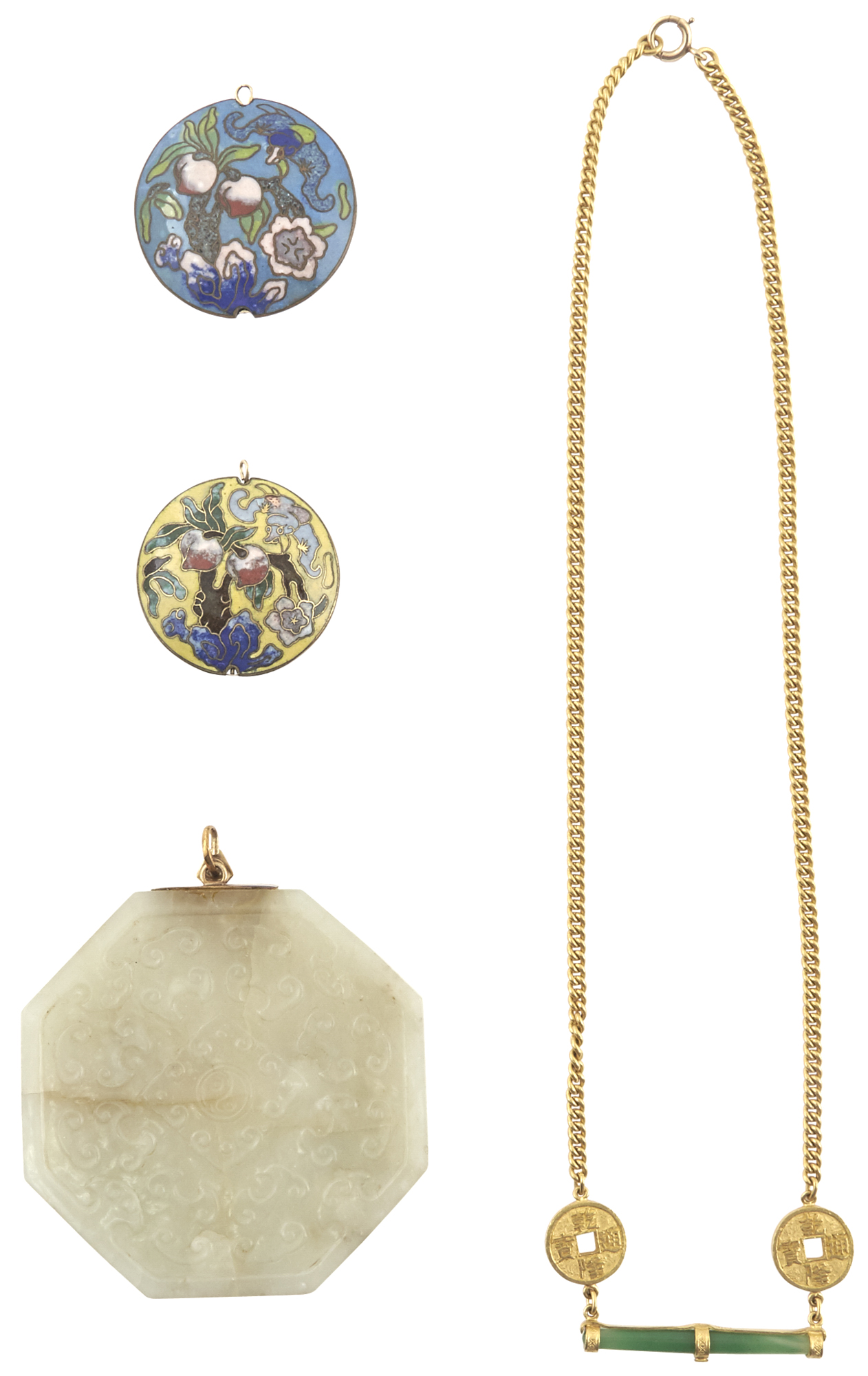 Lot image - A Pair of Chinese Cloisonné Enamel Medallions with Two Jade Ornaments