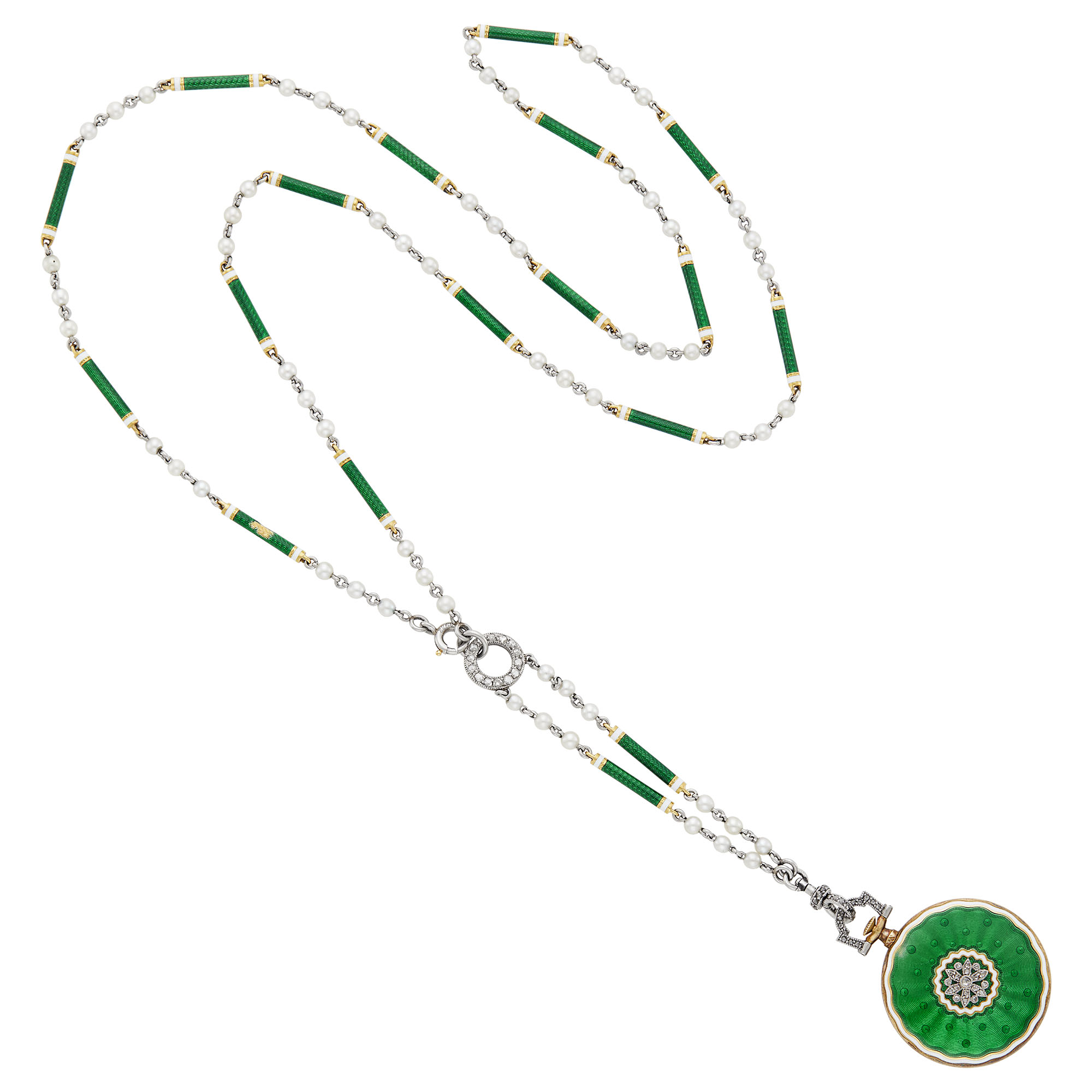 Lot image - Cartier Gold, Platinum, Green Guilloché and White Enamel, Diamond and Pearl Pendant-Watch with Chain Necklace