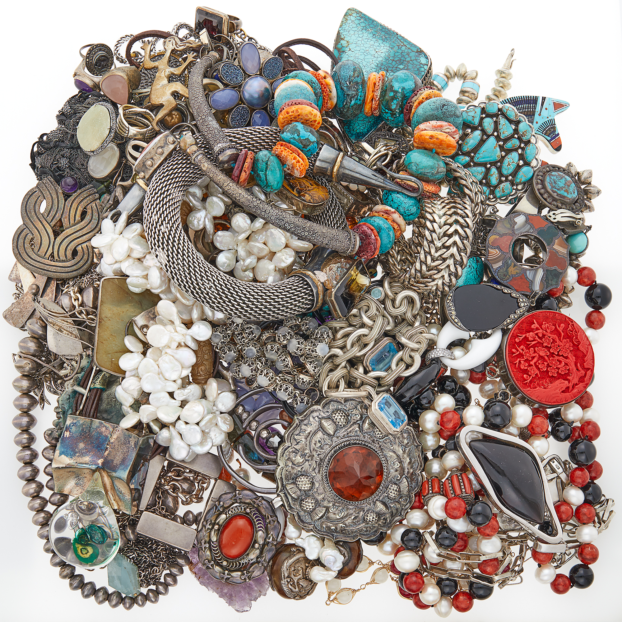 Lot image - Group of Silver, Metal, Hardstone Bead and Leather Jewelry