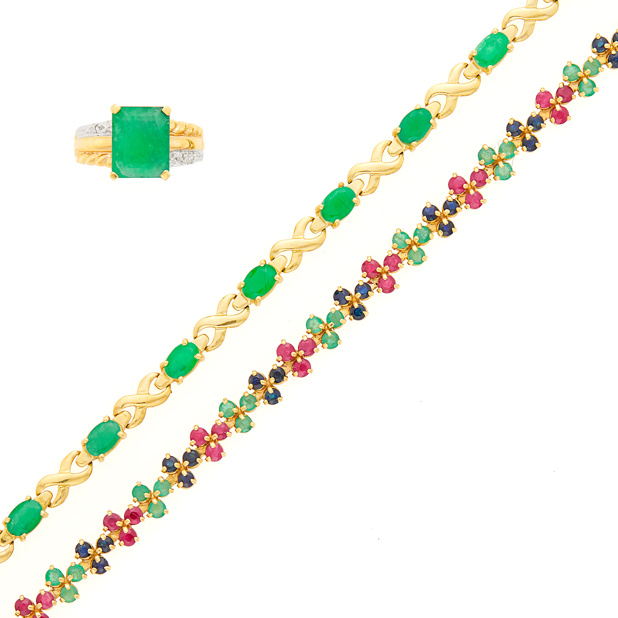Lot image - Two Gold and Gem-Set Bracelet and Emerald and Diamond Ring