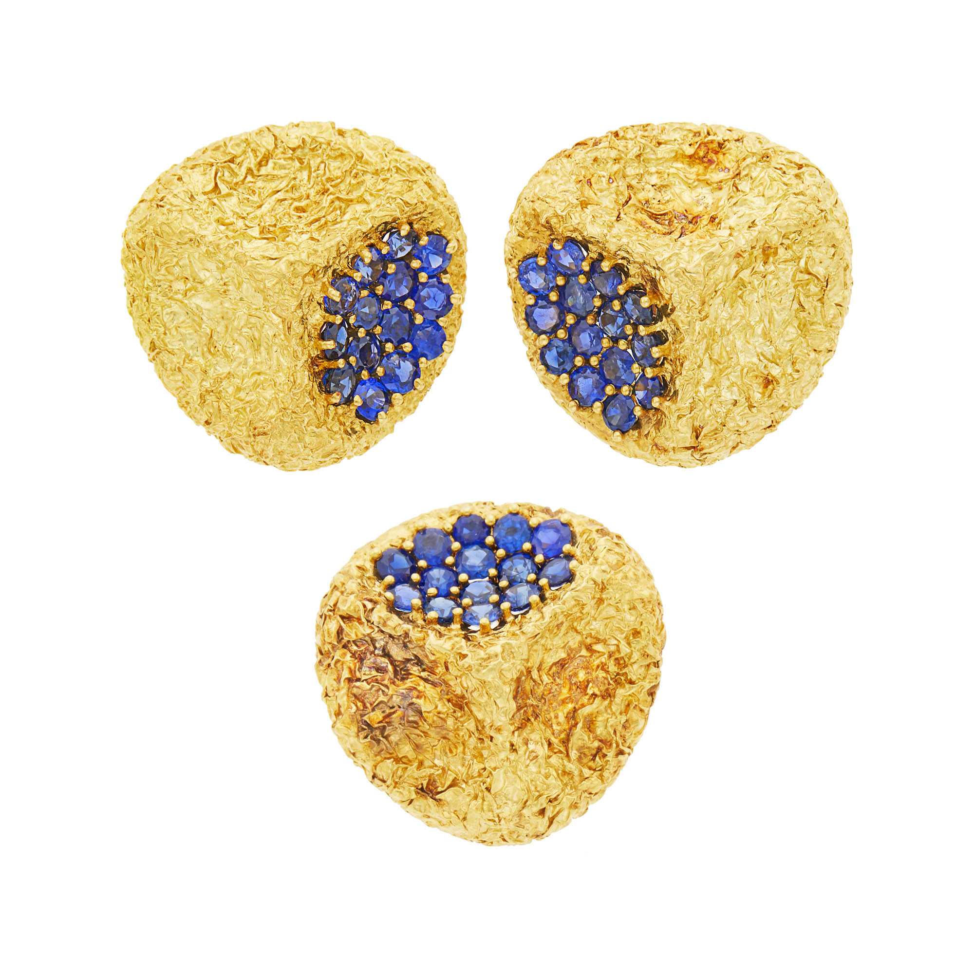 Lot image - Van Cleef & Arpels Pair of Gold and Sapphire Earclips and Clip-Brooch, France