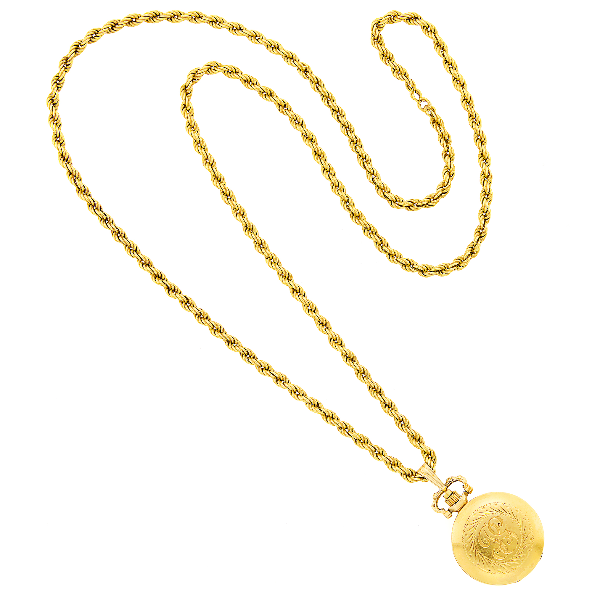 Lot image - Gold Pendant-Watch with Long Gold Chain Necklace